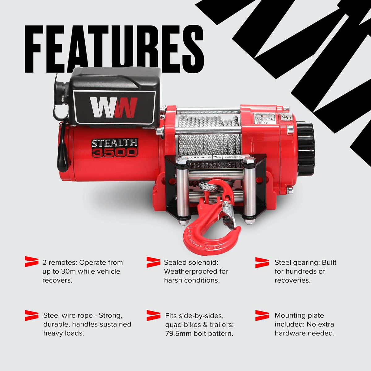 Stealth Winches 3500lb 12v Electric Winch with Steel Rope