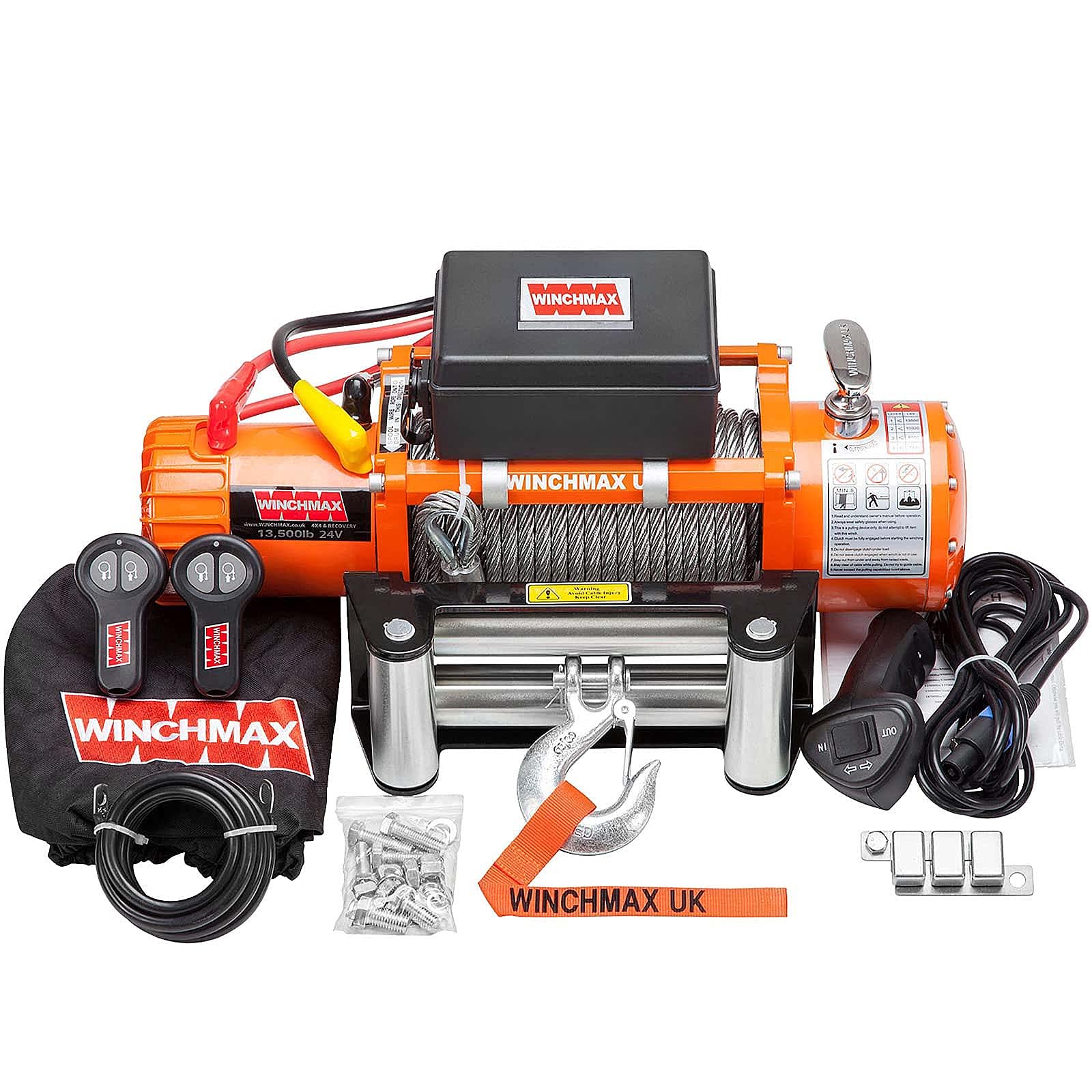 WINCHMAX 13,500lb (6,123kg) 24v Winch, 15m (Short) x 9.5mm Steel Rope. 3/8 inch Hook.
