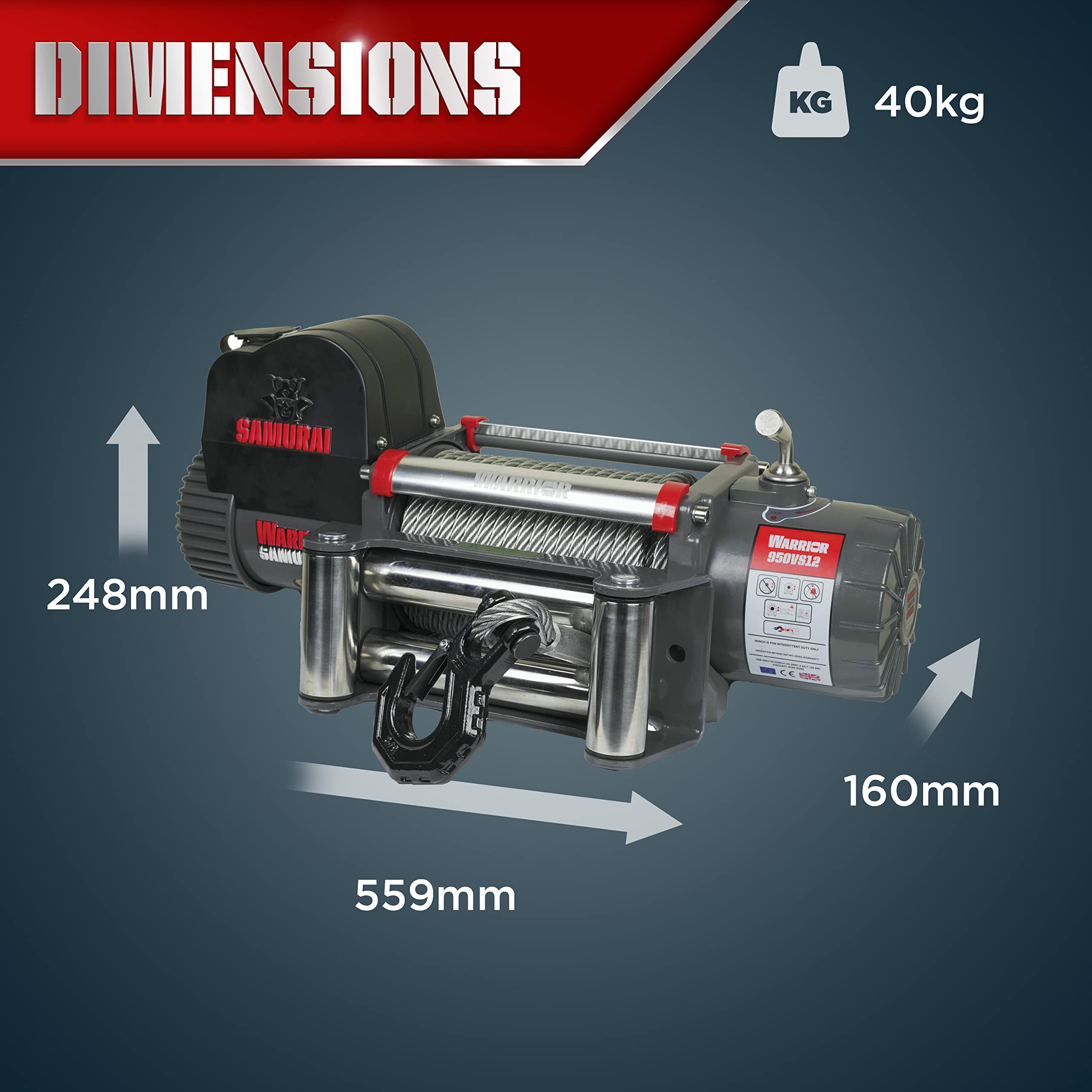 Warrior Samurai 9500lb 12v Premium Electric Winch with Steel Rope