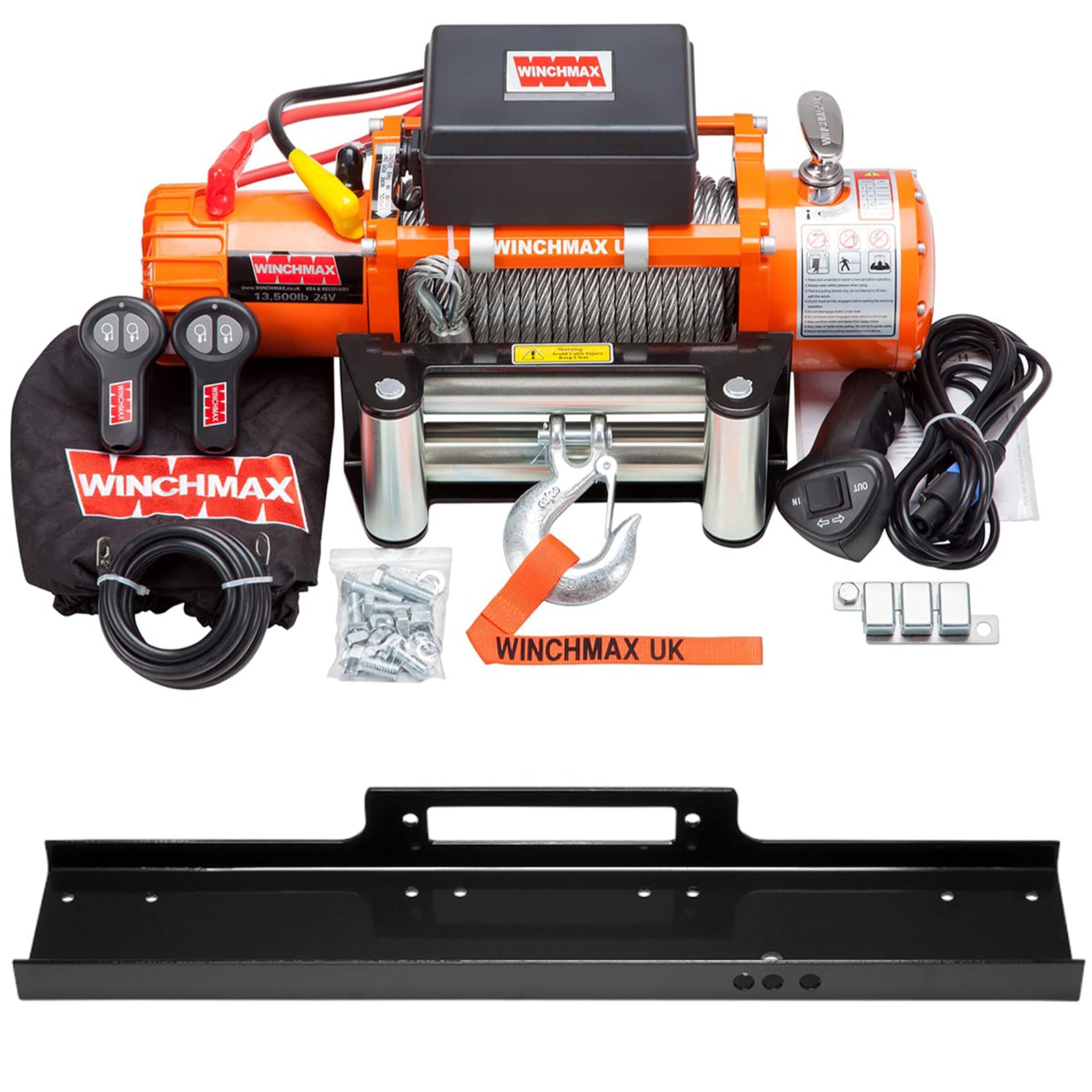 WINCHMAX 13,500lb (6,123kg) Original Orange 24v Electric Winch. 26m x 9.5mm Steel Wire Rope. 3/8 inch Hook. Flat Bed Mounting Plate.