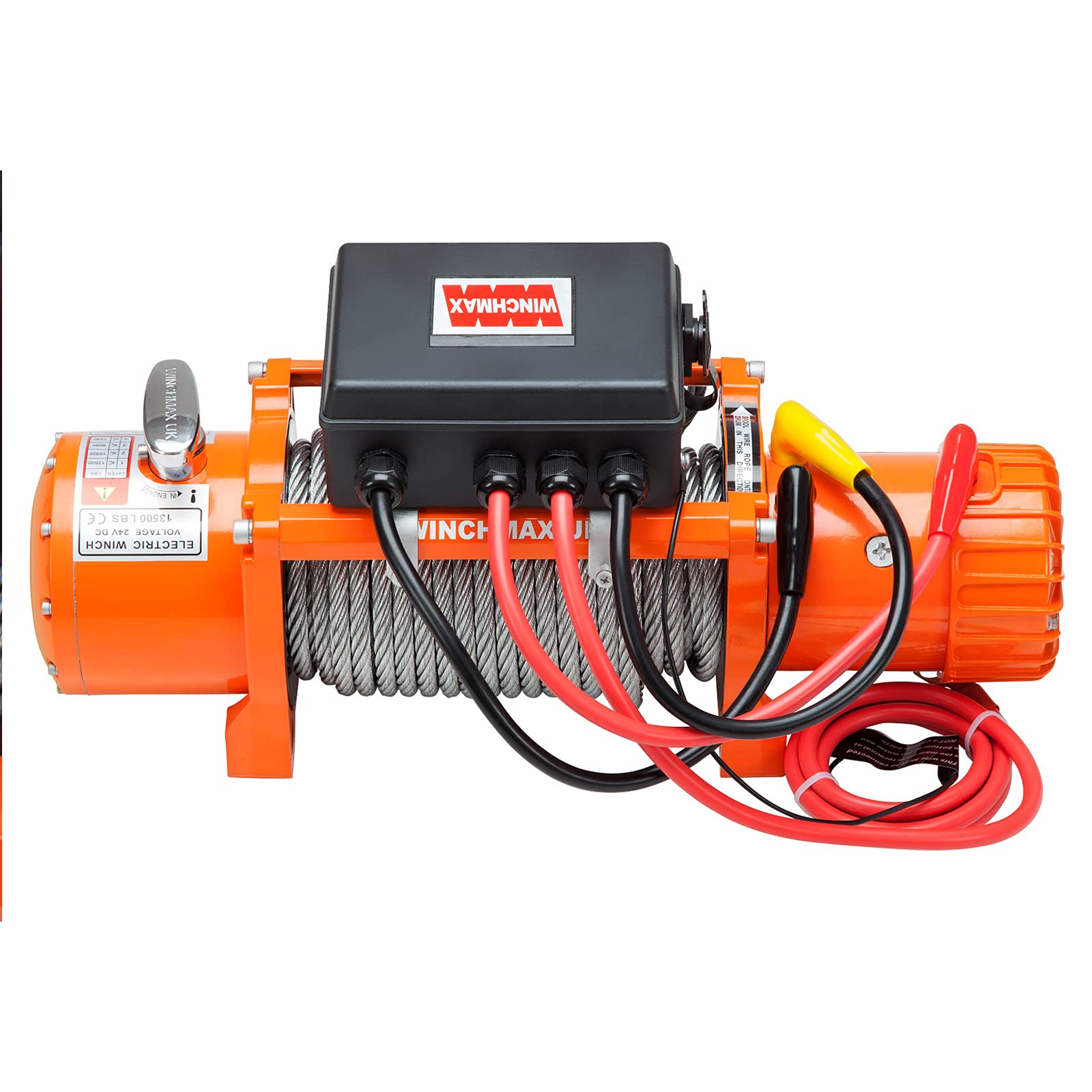 WINCHMAX 13,500lb (6,123kg) Original Orange 24v Electric Winch. 26m x 9.5mm Steel Wire Rope. 3/8 inch Hook. Flat Bed Mounting Plate.