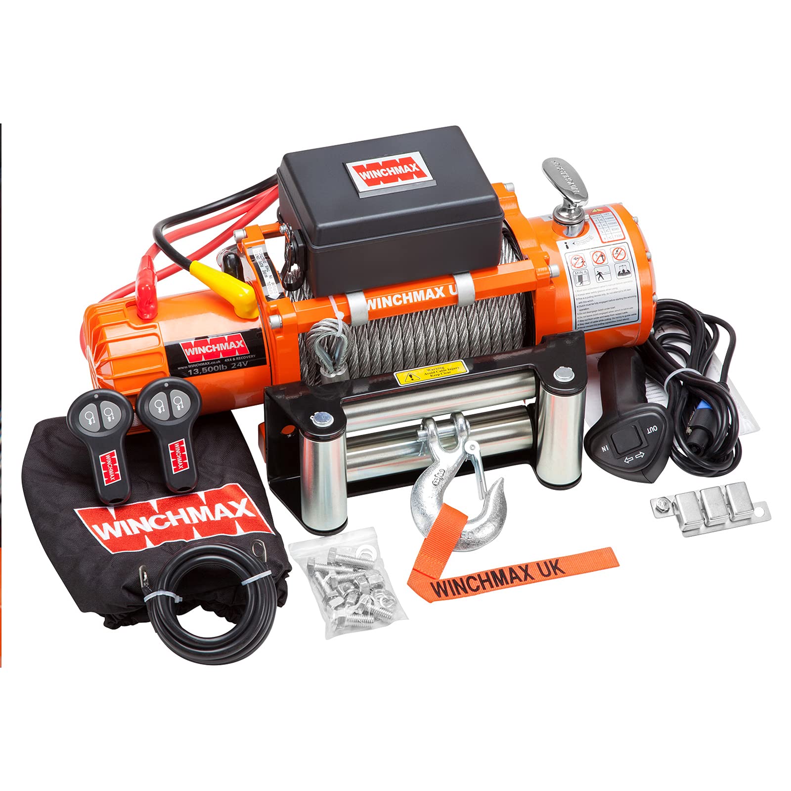 WINCHMAX 13,500lb (6,123kg) Original Orange 24v Electric Winch. 26m x 9.5mm Steel Wire Rope. 3/8 inch Hook. Flat Bed Mounting Plate.