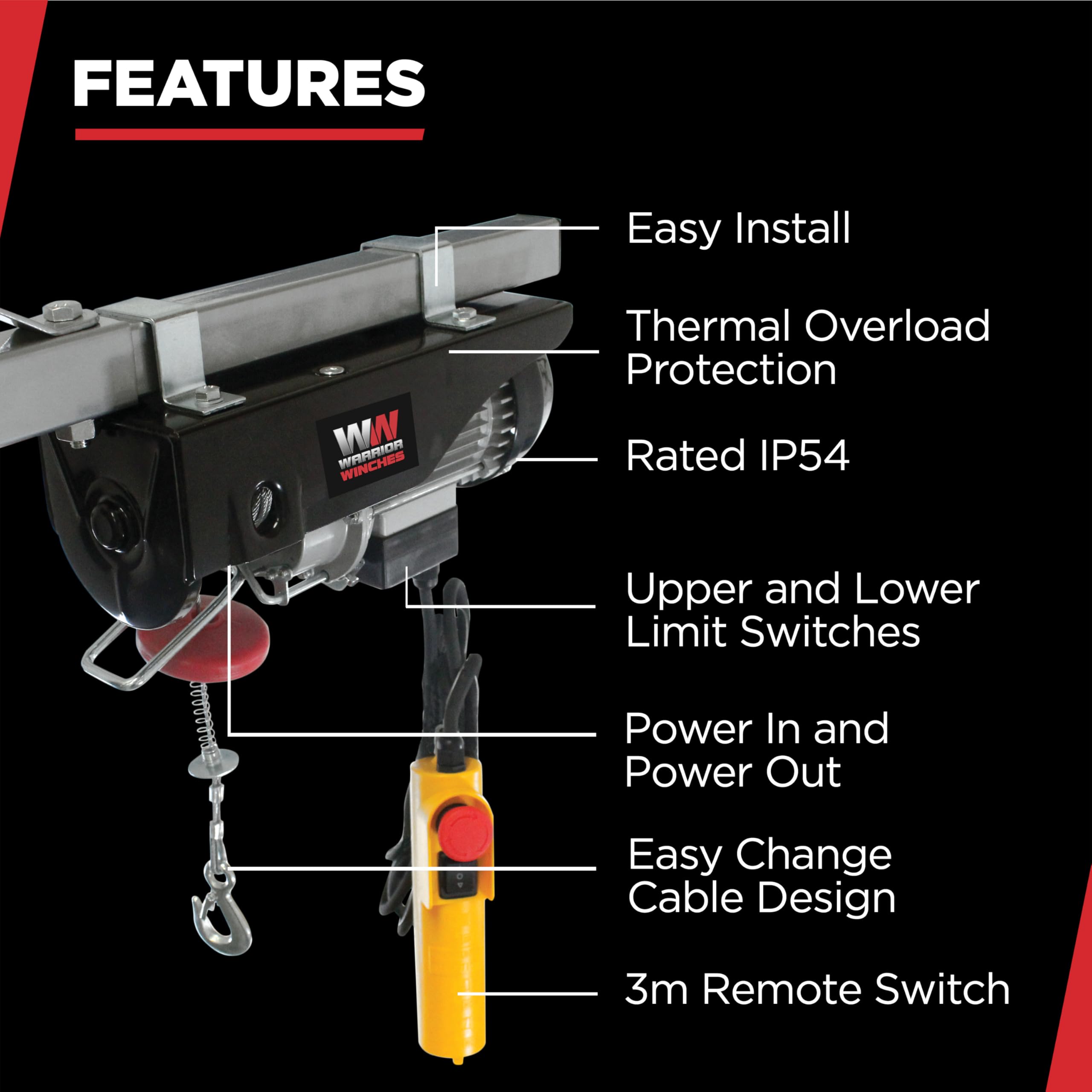 Warrior Winches Electric Hoist 250kg 240V with Wired Hand Remote Control