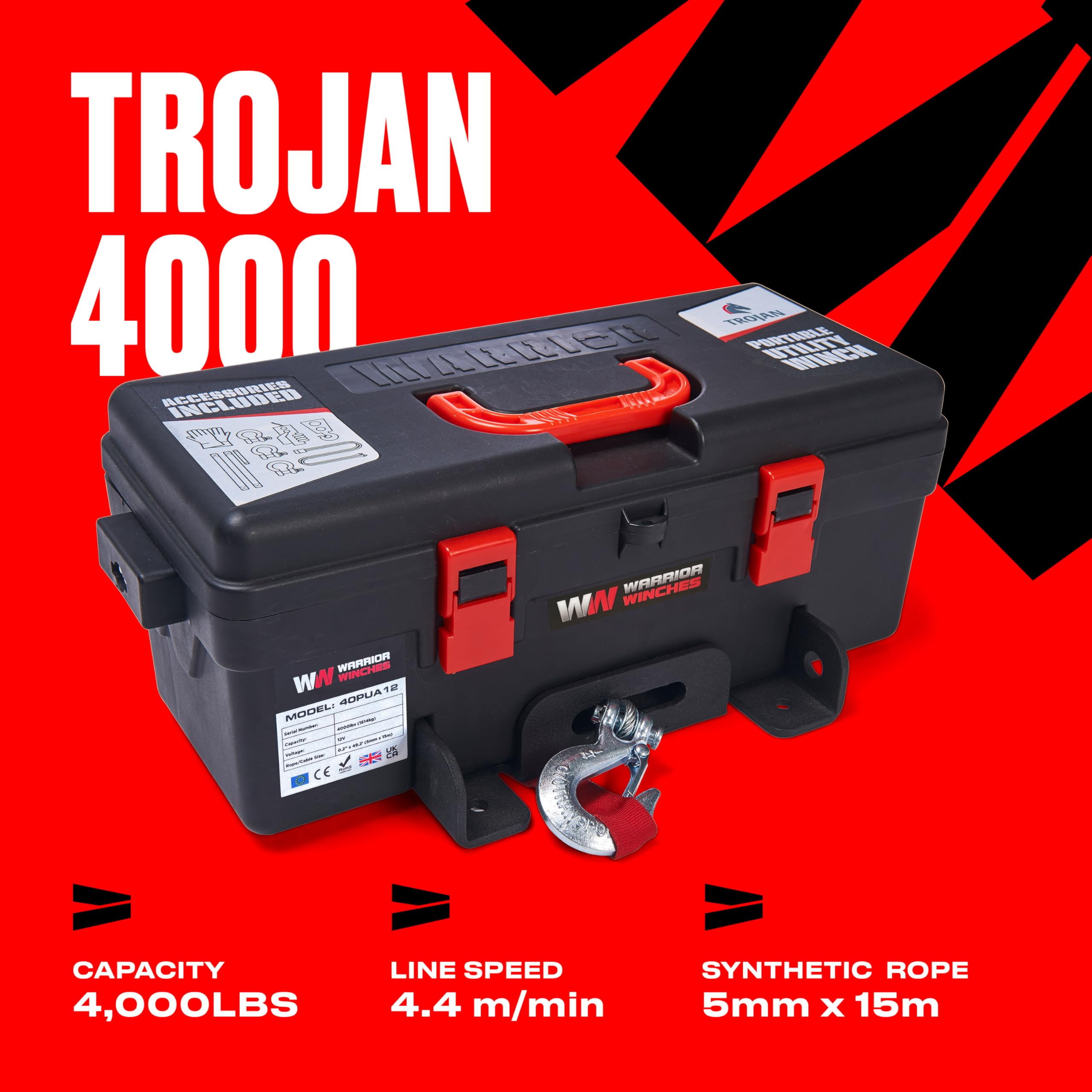 Warrior Trojan 4000lb Portable 12v Electric Winch with Synthetic Rope
