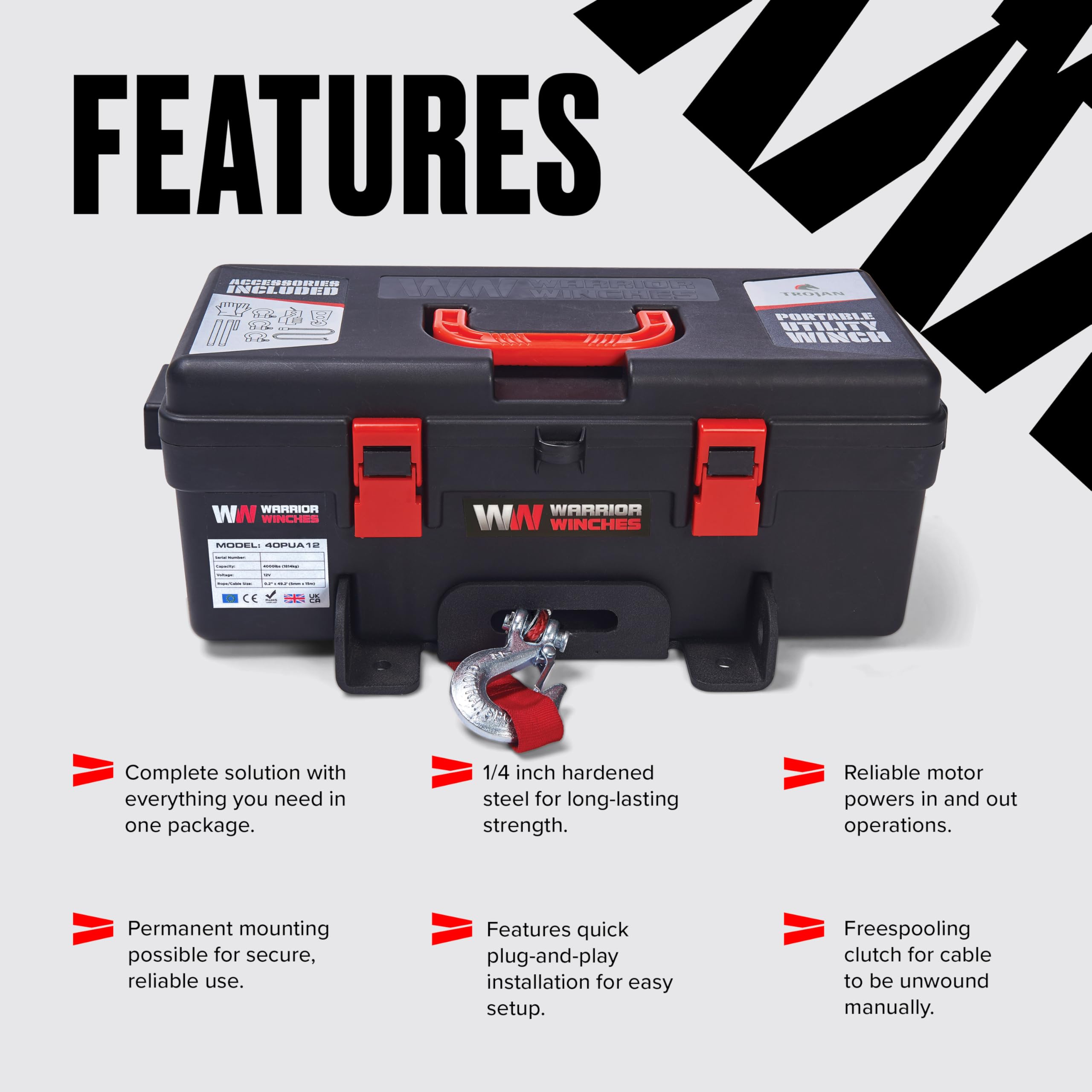 Warrior Trojan 4000lb Portable 12v Electric Winch with Synthetic Rope