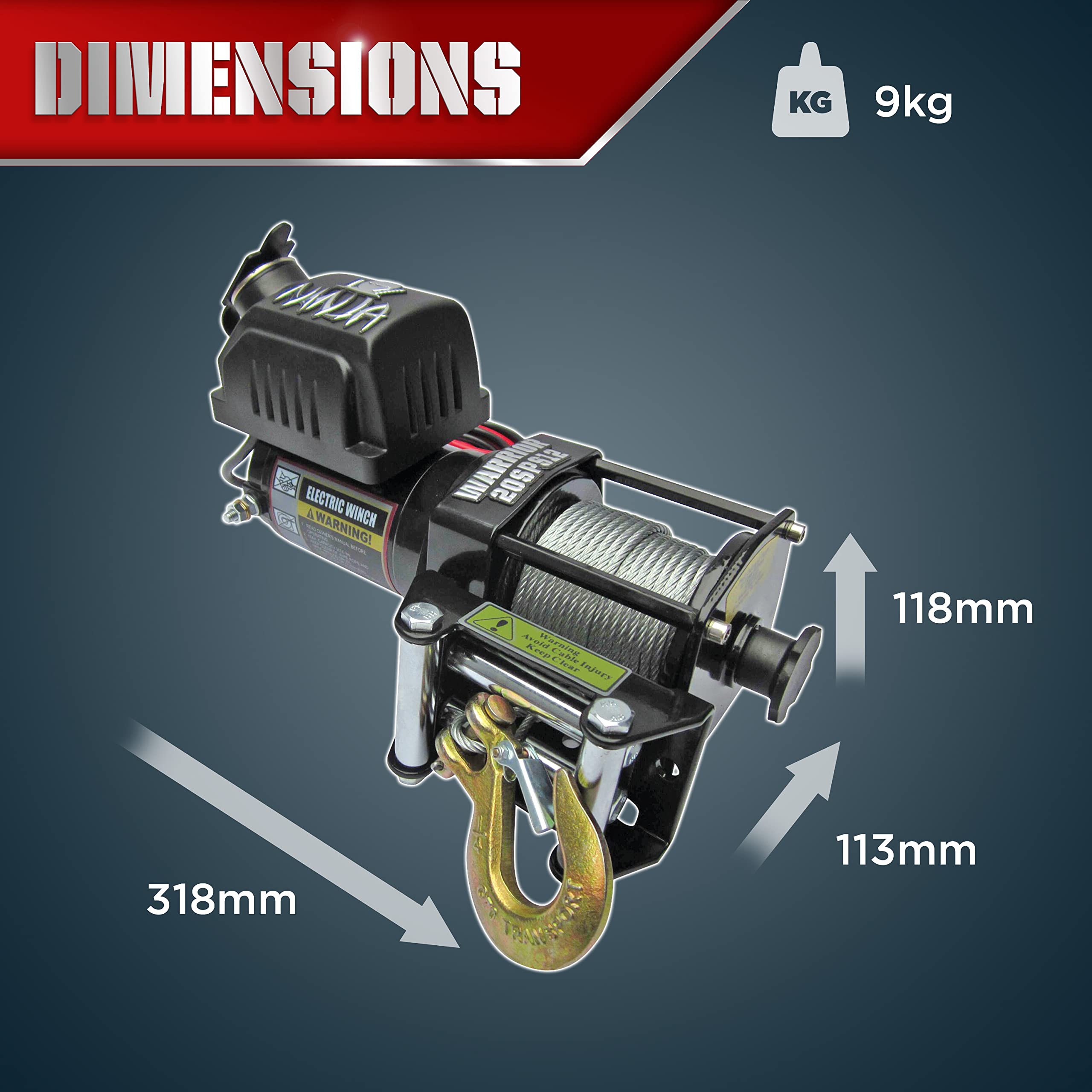 Warrior Winches Ninja 2000lb 12v Electric Winch with Steel Rope