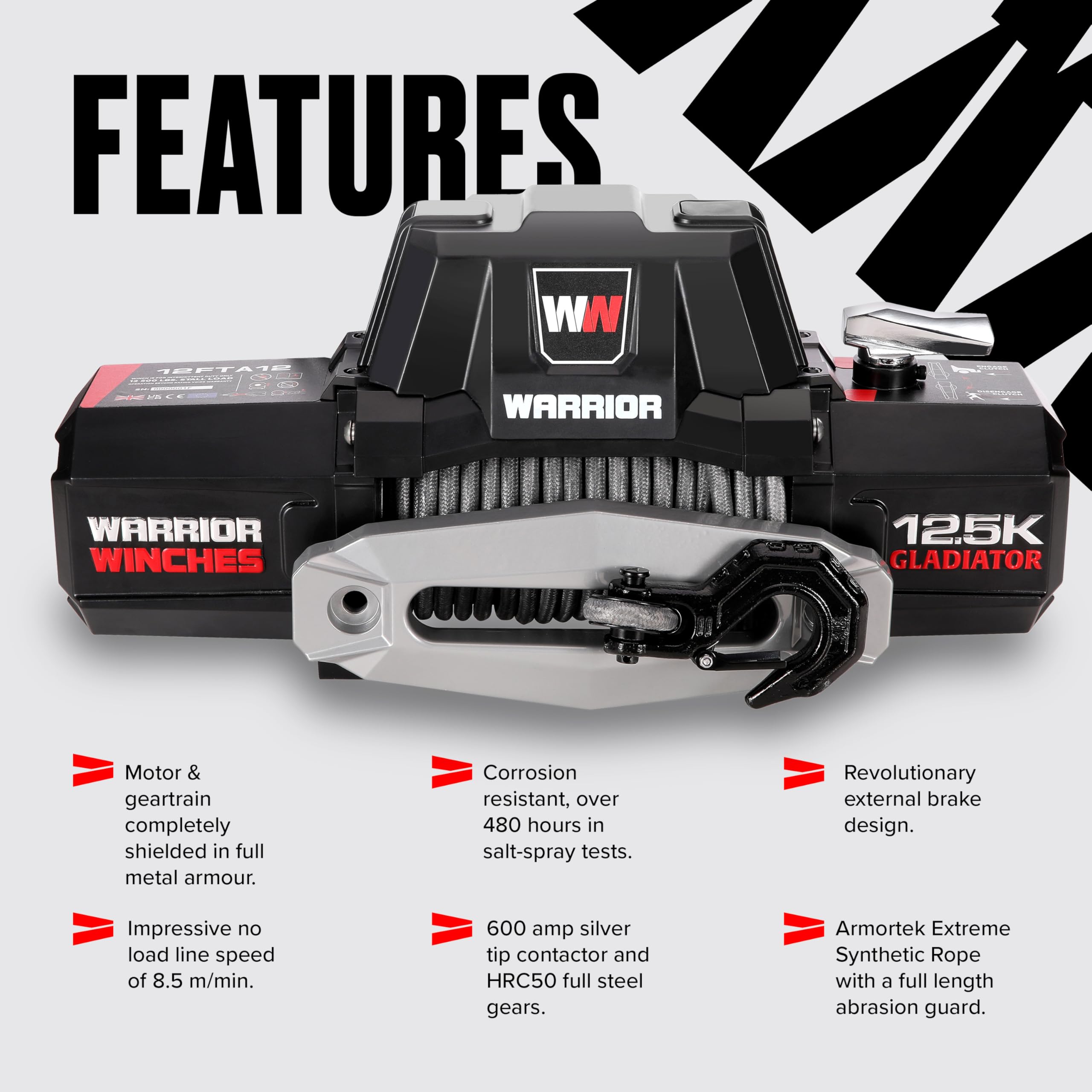 Warrior Winches Gladiator 12500lbs 12v Electric Winch with Synthetic Rope