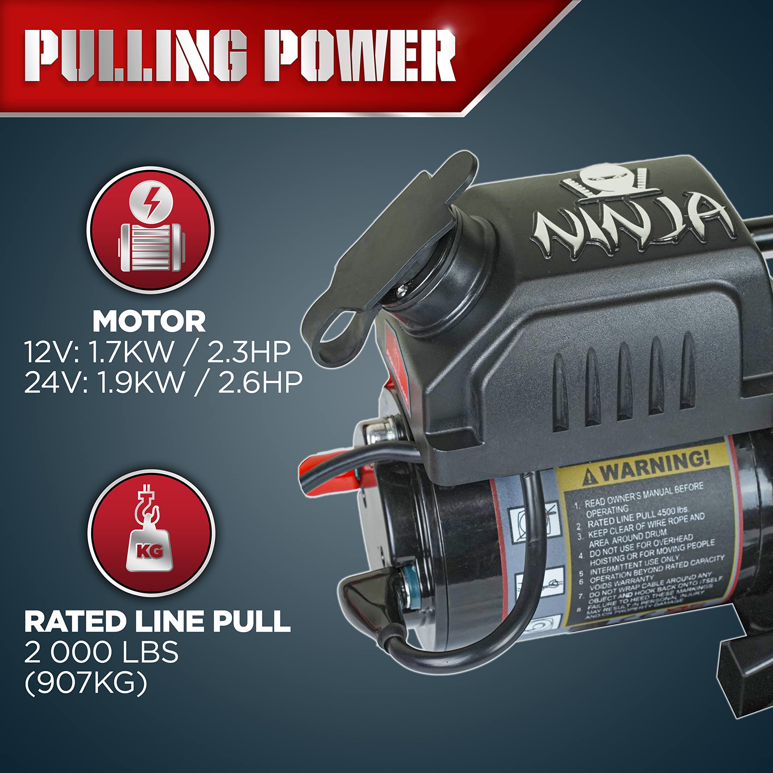 Warrior Winches Ninja 2000lb 12v Electric Winch with Steel Rope