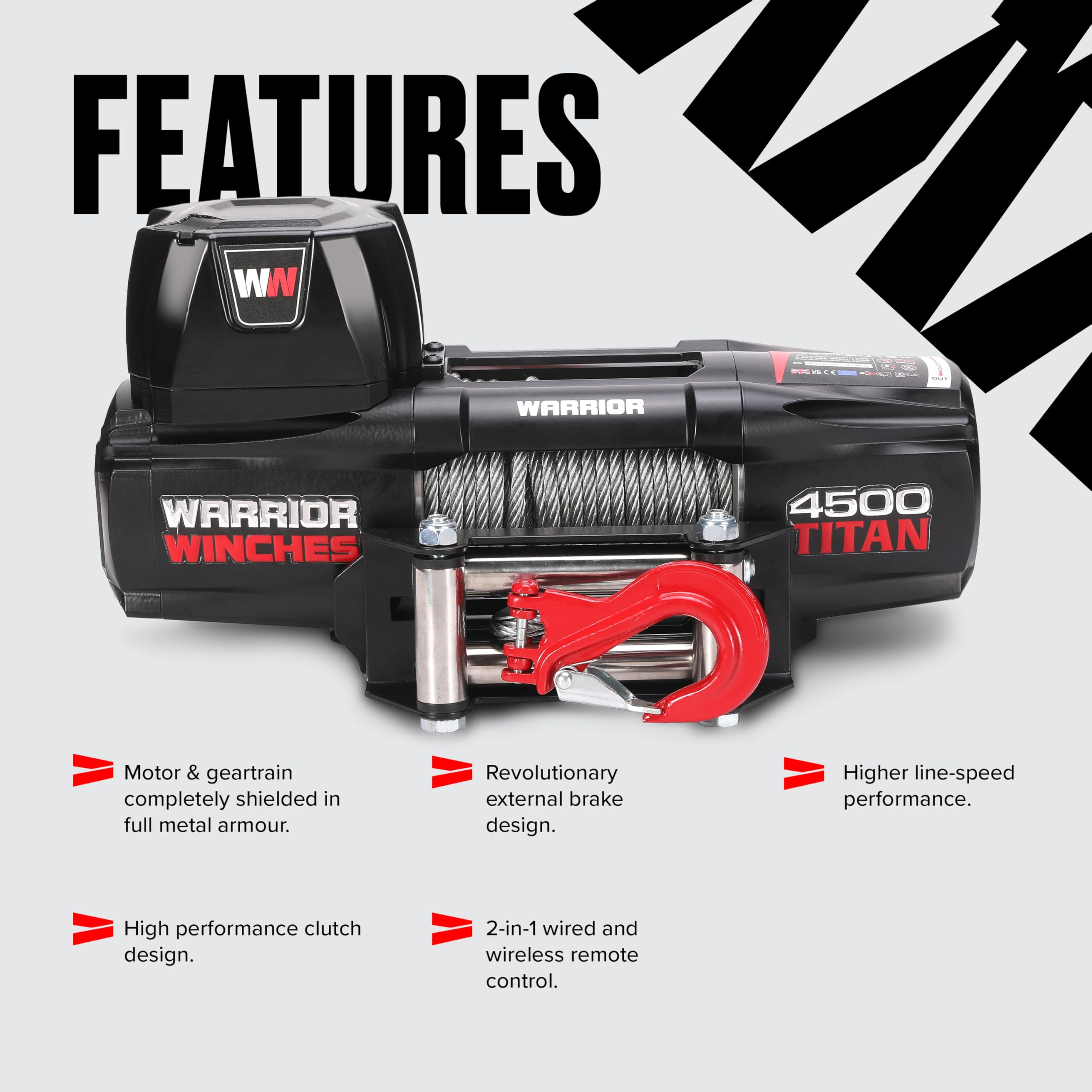 Warrior Winches Titan 4500lbs 12V Electric Winch with Steel Rope – Heavy Duty Recovery Winch for ATV, Trailer, Boat, Pickup Truck – Portable System with Wireless Remote & Snatch Block