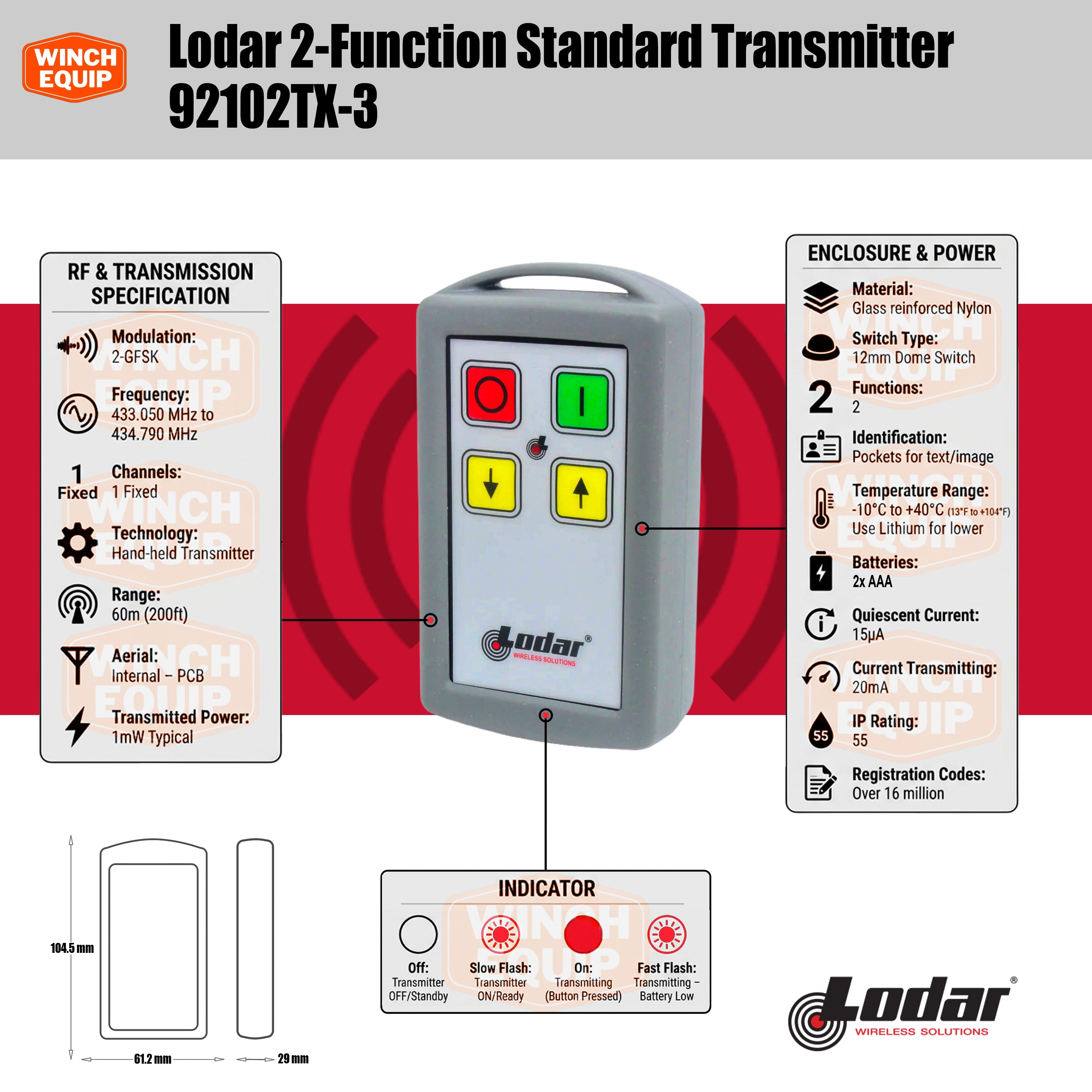 Lodar 92102TX-3 transmitter angled view showing robust construction