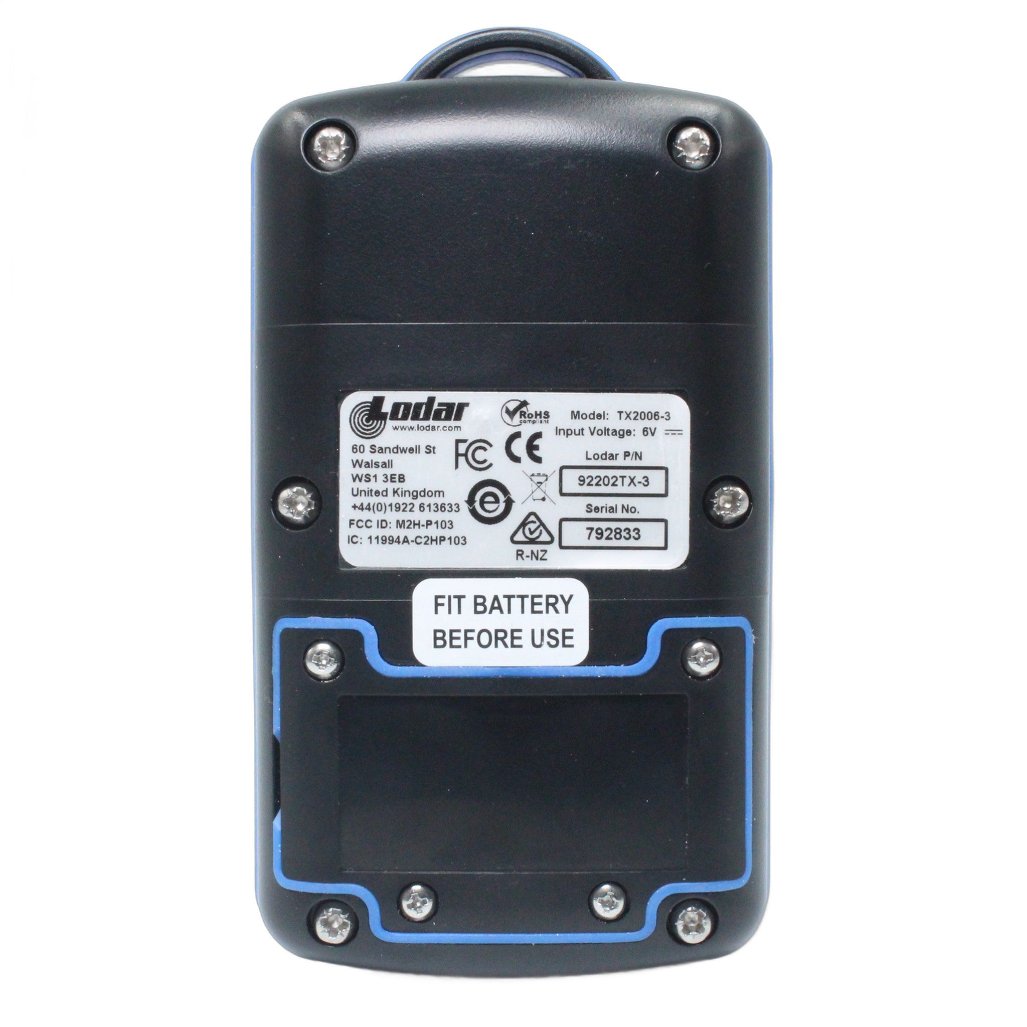 Lodar 92202TX-3 handset rear view showing serial number and specification label