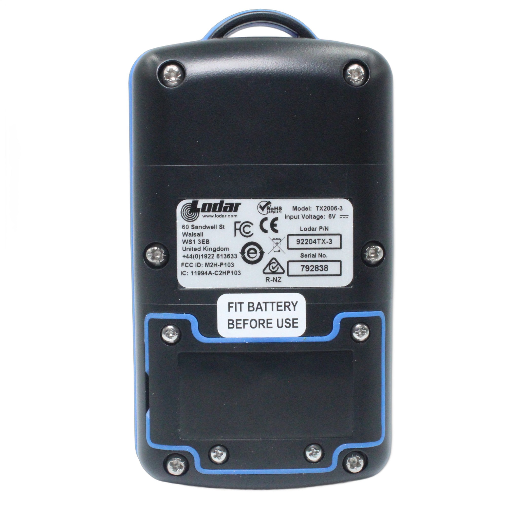 Lodar 92202TX-3 arrows handset rear view showing label