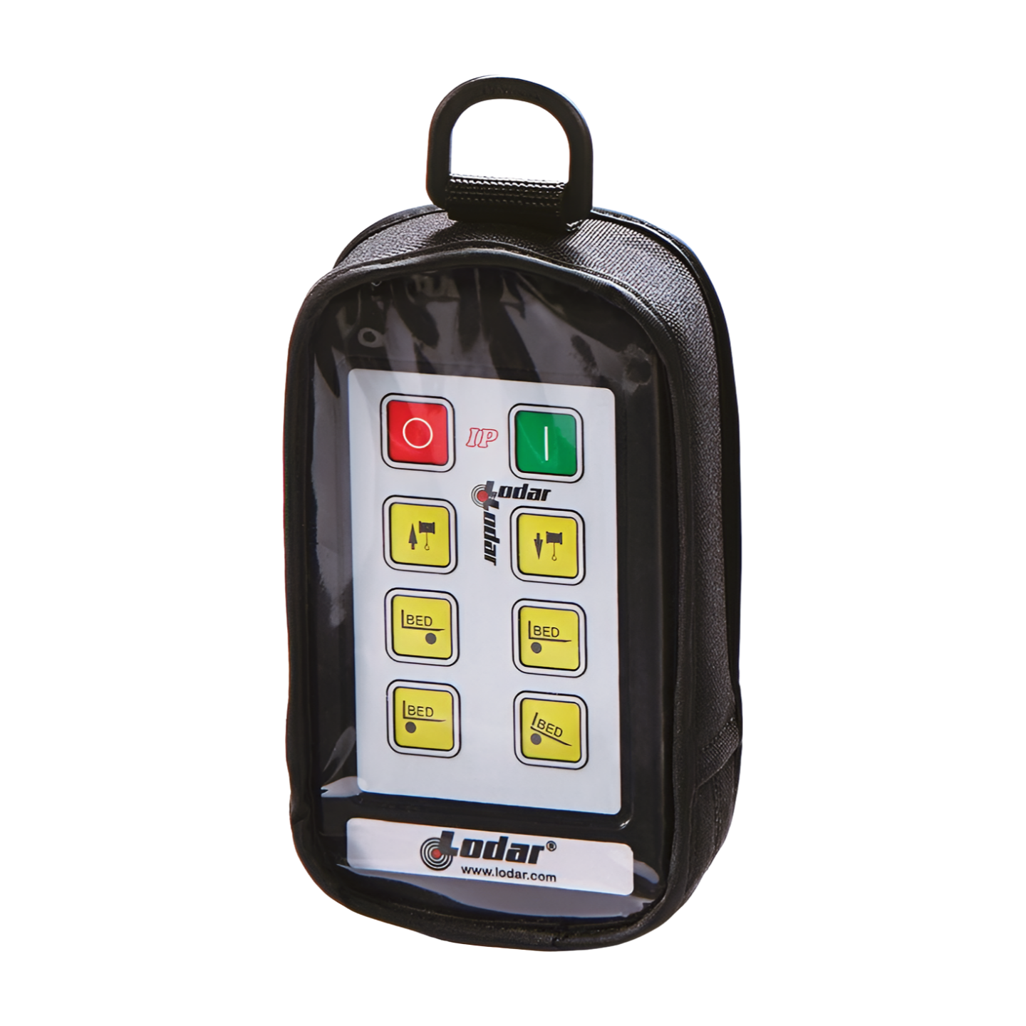 Lodar AC9805 black fabric zippered carry case showing Lodar 8-function IP handset through clear window with Lodar branded strap