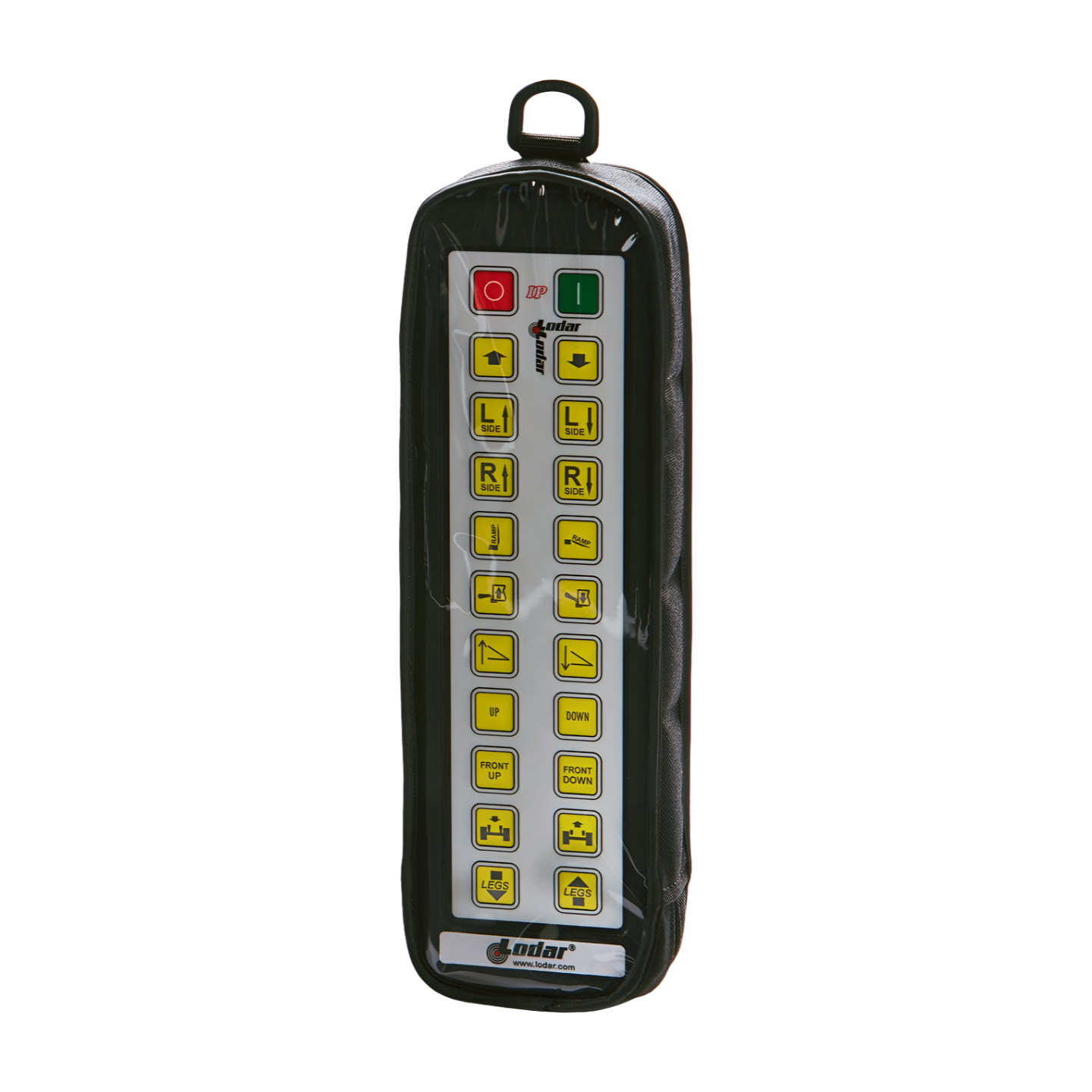 Lodar AC9808 black fabric zippered carry case showing Lodar 20-function IP handset through clear window