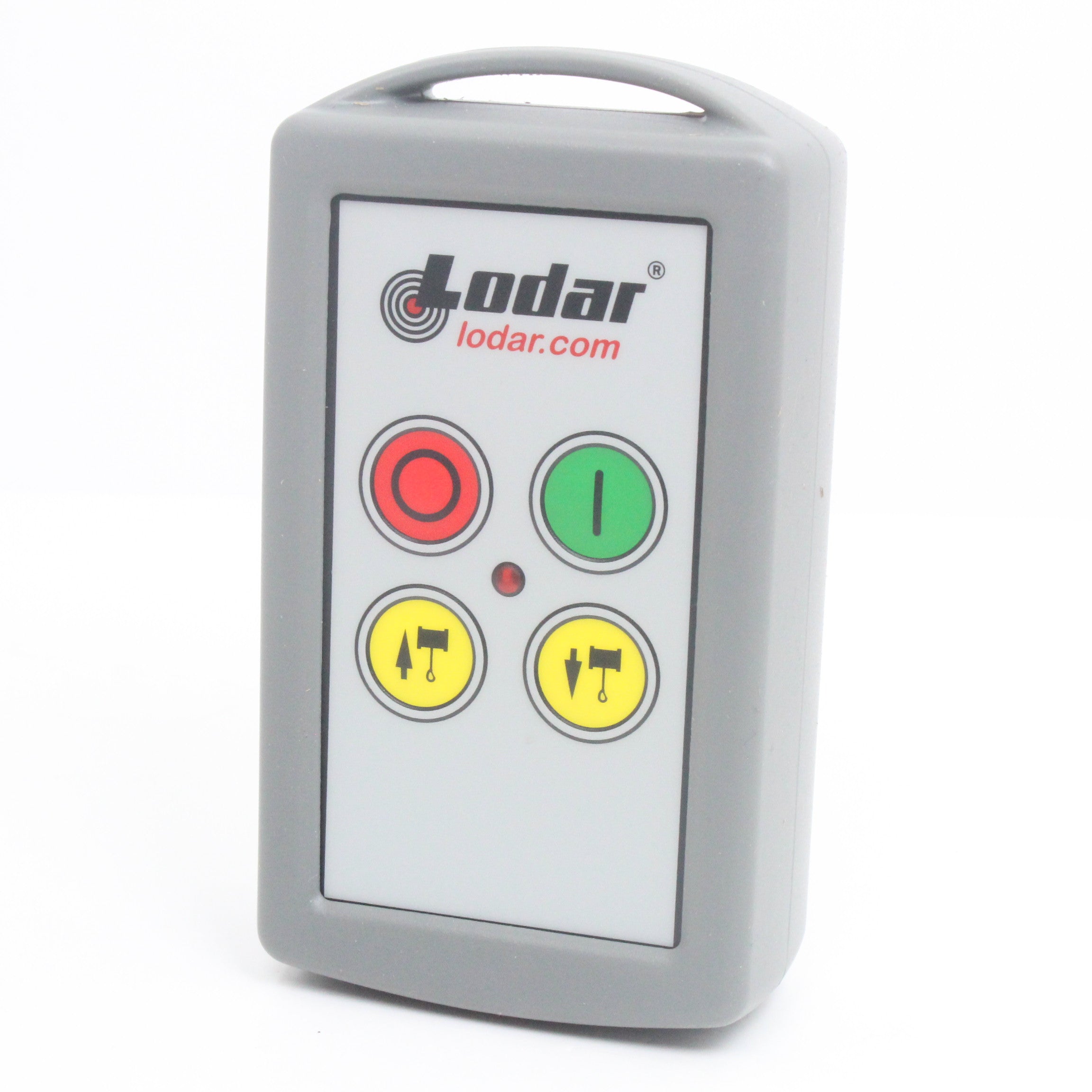 Lodar 2 function winch handset front three-quarter view in grey bumper case