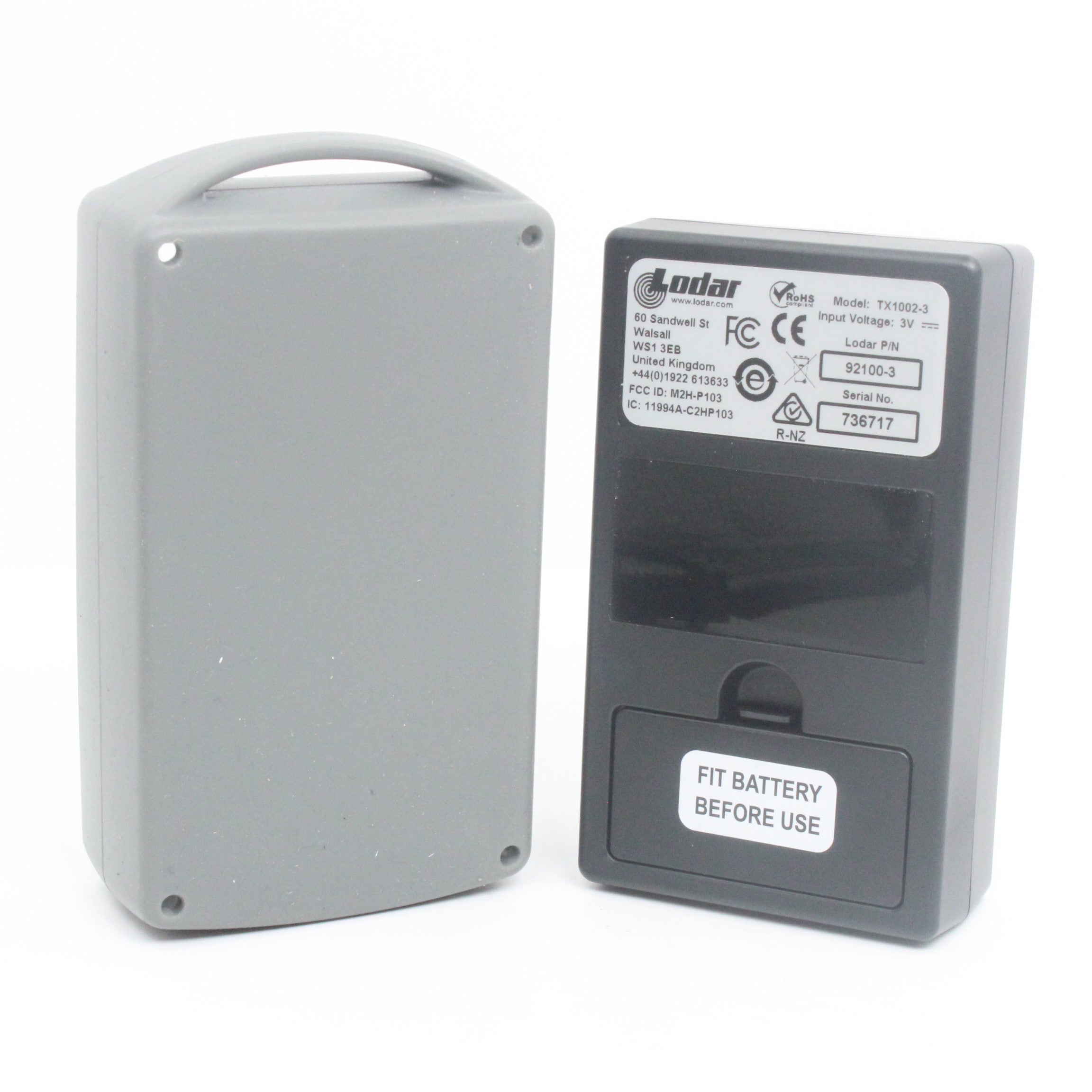Lodar 92102TX-3 winch handset rear showing model label and battery cover