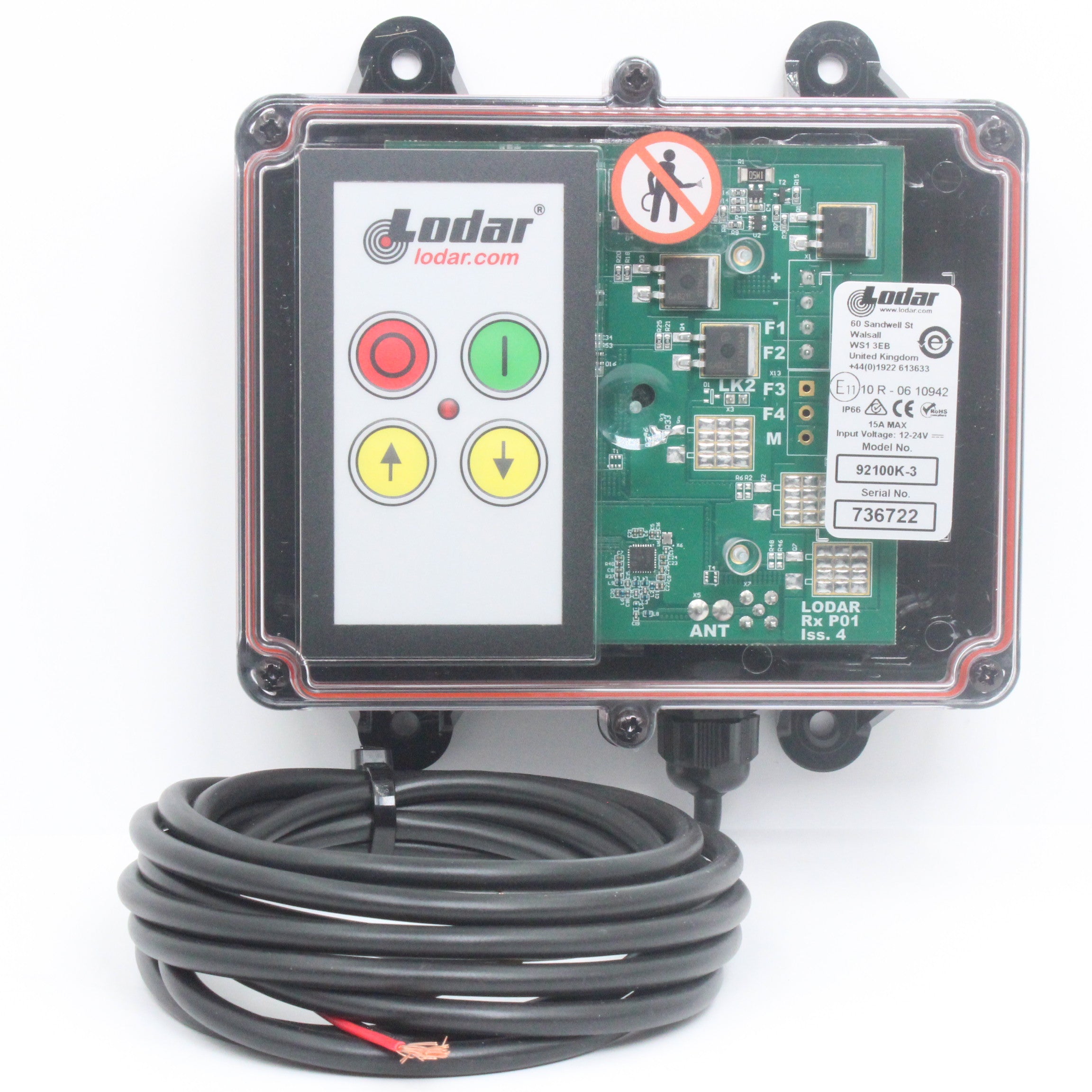 Lodar 2 function arrows handset angled view showing red stop green on and yellow arrow buttons