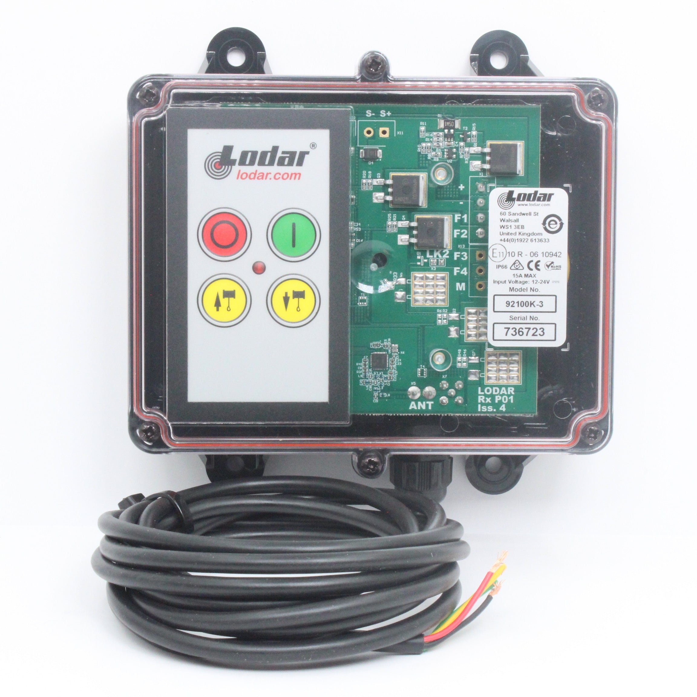 Lodar 2 function winch handset angled view showing red stop green on and yellow winch buttons