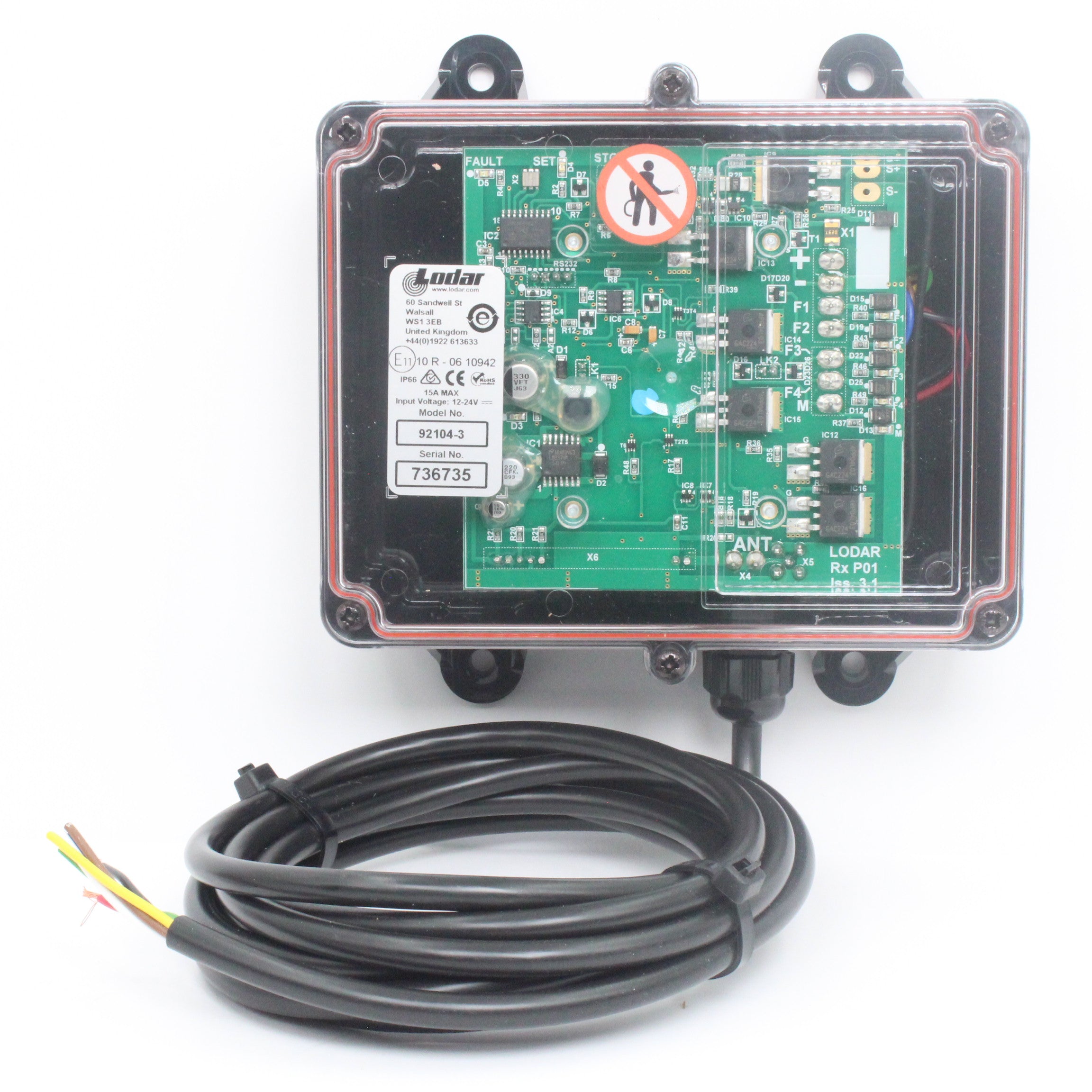 Lodar 92104-3 4 function handset front showing red stop green on and yellow arrow up down left right buttons