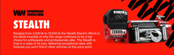 Warrior Stealth electric winch range banner featuring the 13500lb model.