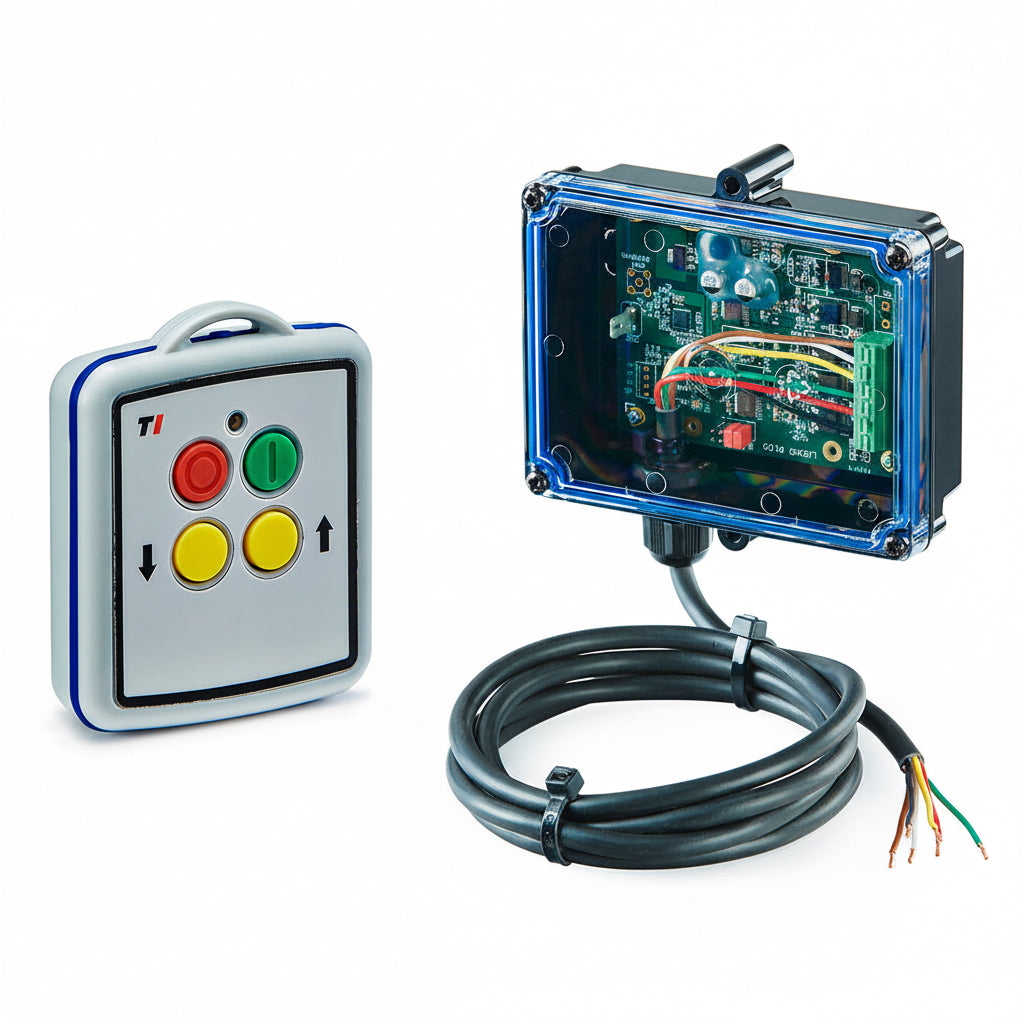 Lodar 110002 2 function wireless remote control system with square handset and blue trim receiver box and cable