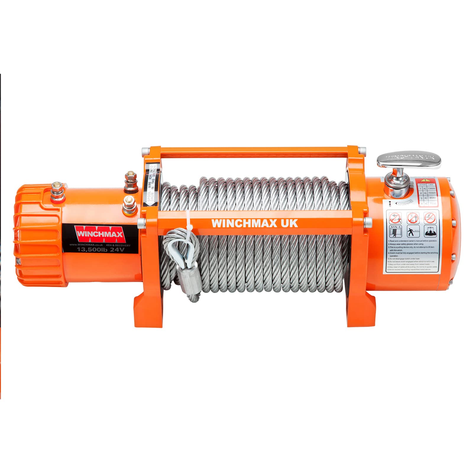 WINCHMAX 13,500lb (6,123kg) Original Orange 24v Electric Winch. 26m x 9.5mm Steel Wire Rope. 3/8 inch Hook. Flat Bed Mounting Plate.