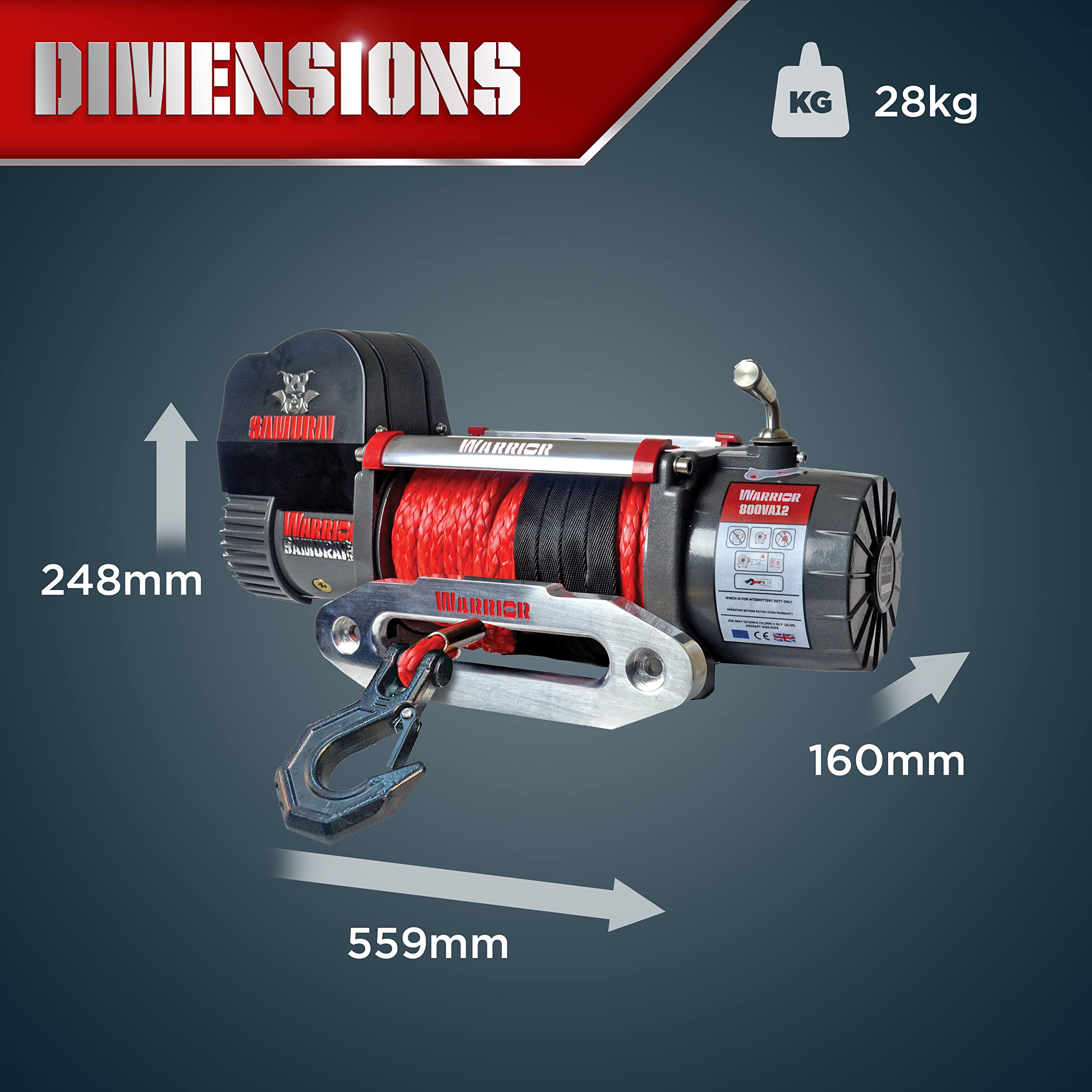 Warrior Winches Samurai 8000lb 12v Electric Winch with Armortek Synthetic Rope