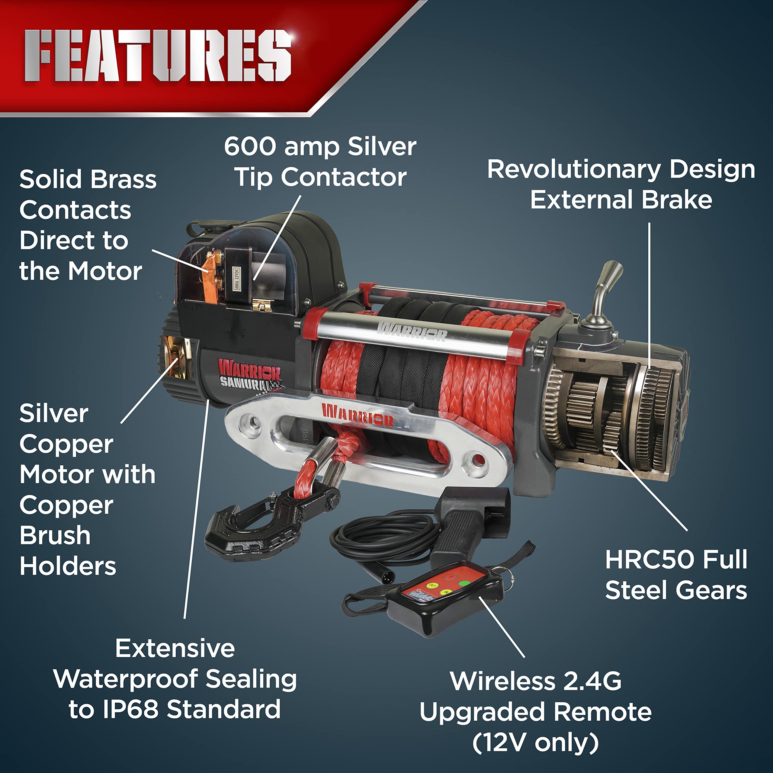 Warrior Winches Samurai 8000lb 12v Electric Winch with Armortek Synthetic Rope