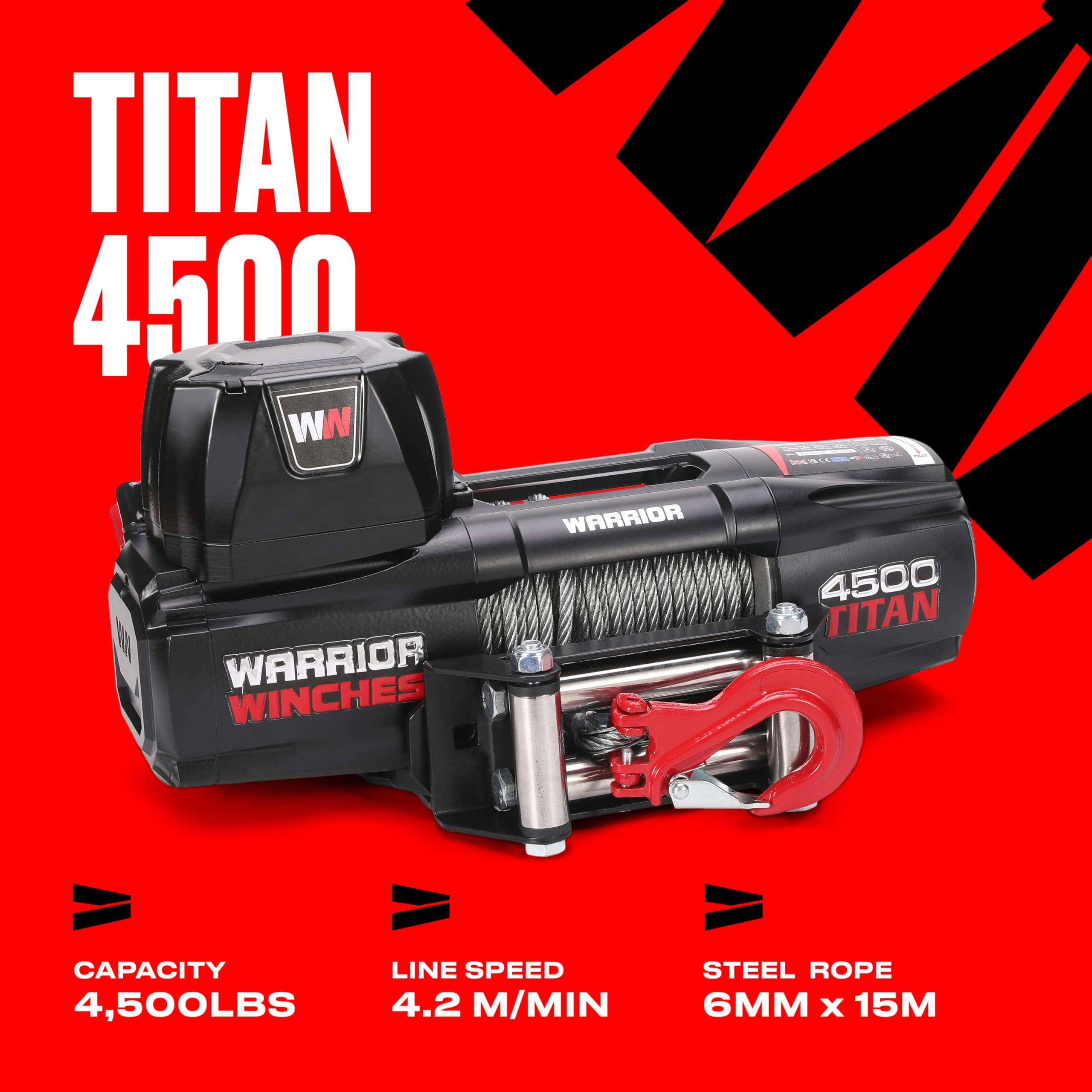 Warrior Winches Titan 4500lbs 12V Electric Winch with Steel Rope – Heavy Duty Recovery Winch for ATV, Trailer, Boat, Pickup Truck – Portable System with Wireless Remote & Snatch Block
