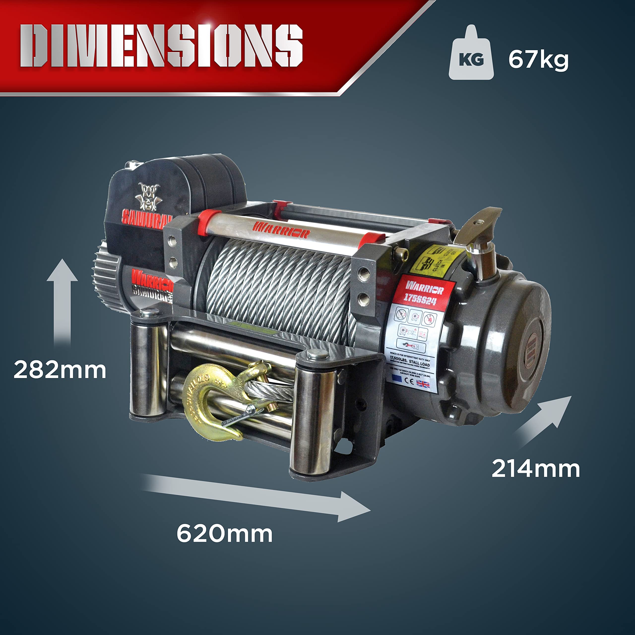 Warrior Winches Samurai 17500lb 24v Electric Winch with Steel Rope
