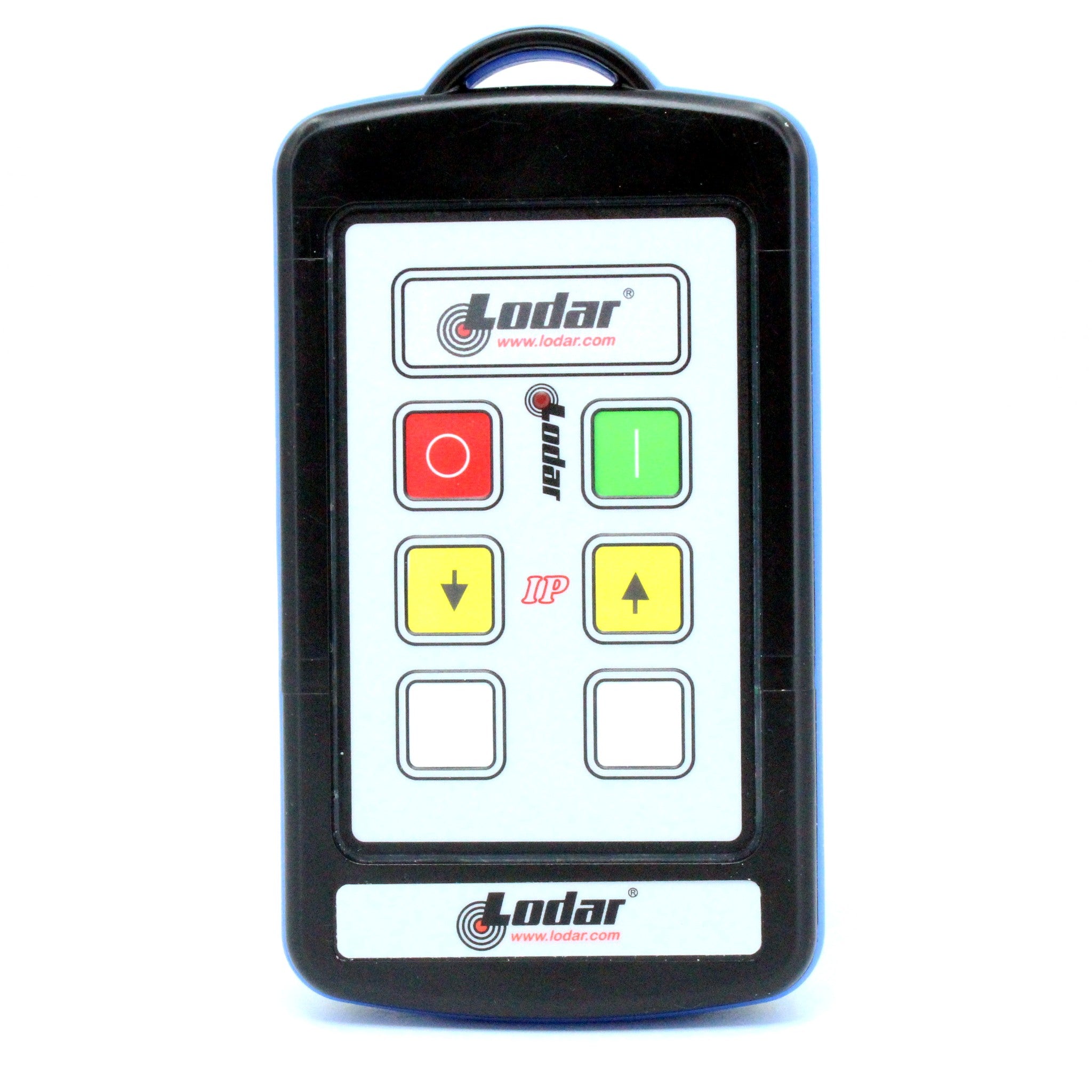 Lodar 92202TX-3 arrows handset front view showing red stop green on and yellow up down arrow button inserts