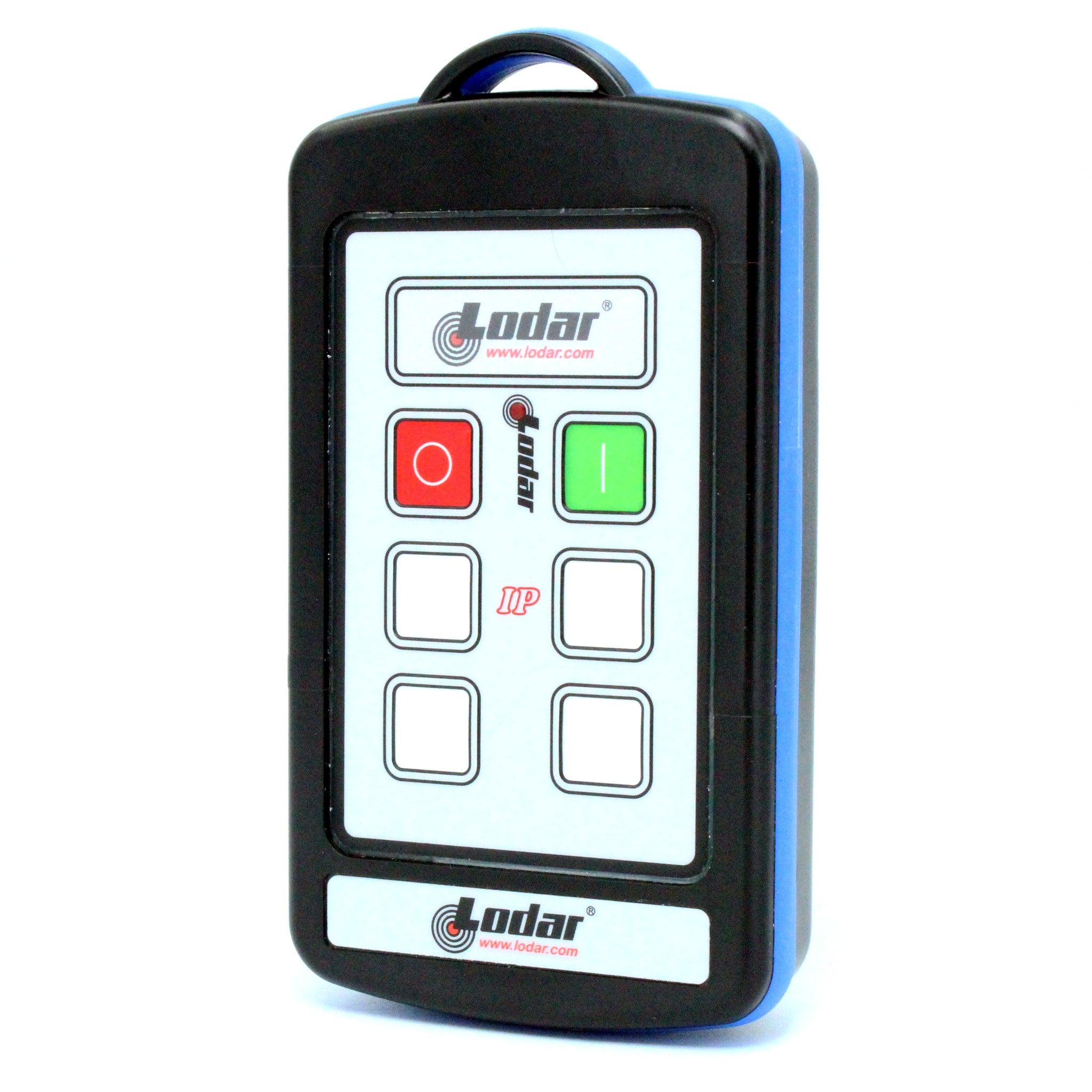 Lodar 92204TX-3 4 function IP replacement handset with plain blank button inserts angled view showing black housing and blue edge