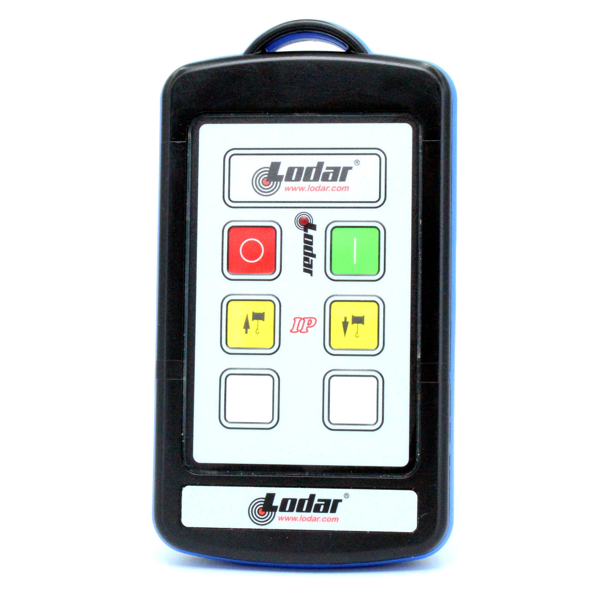 Lodar 92202TX-3 winch handset front view showing red stop green on and yellow winch in out button inserts