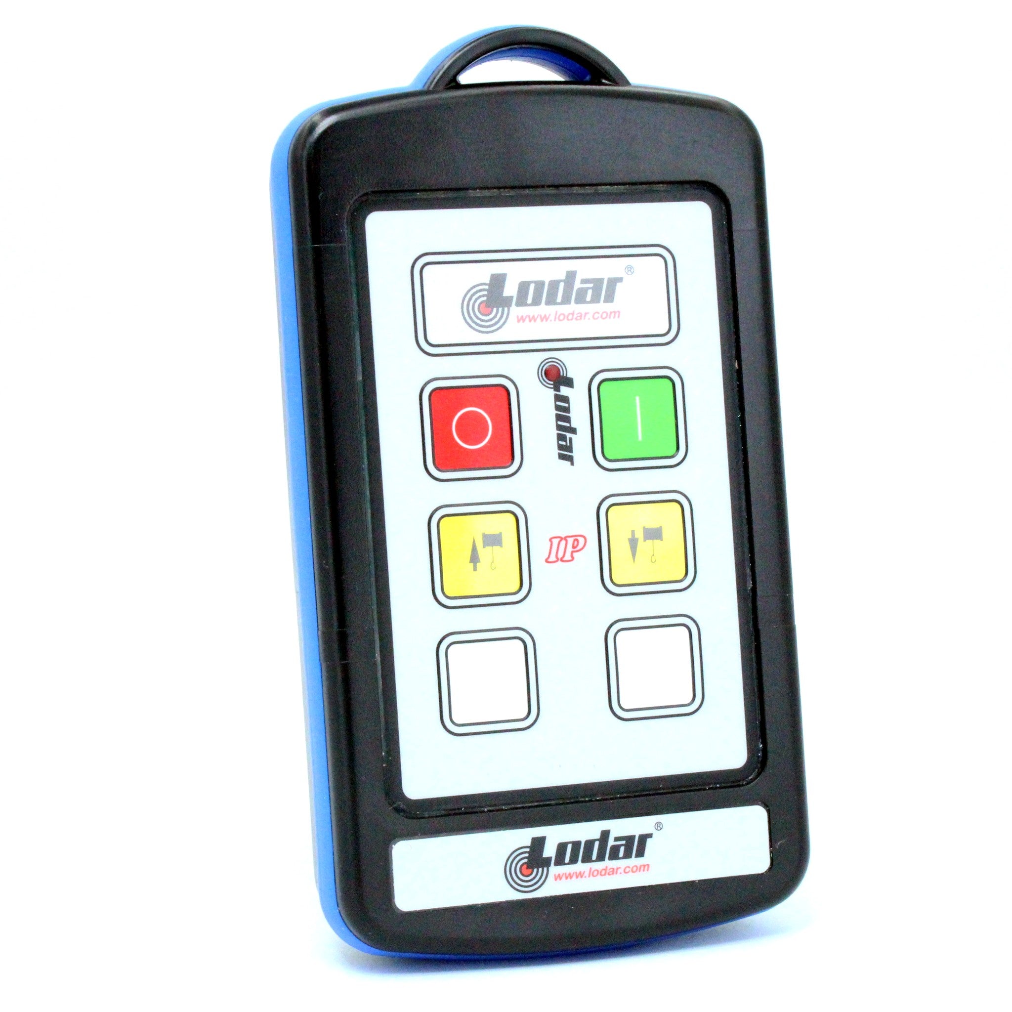 Lodar 92202TX-3 winch handset side profile showing black IP housing with blue seal