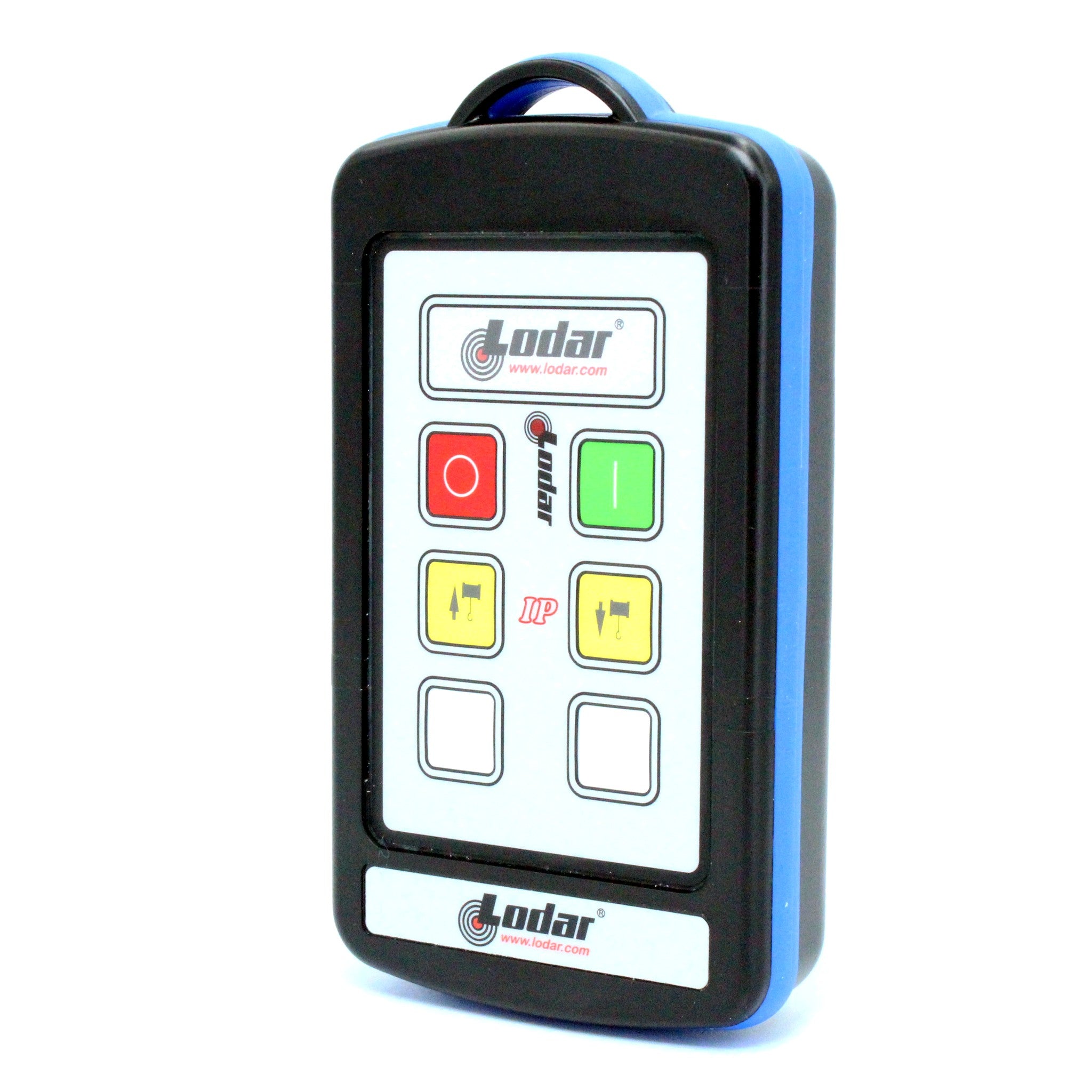 Lodar 92202TX-3 2 function IP replacement handset with winch in out inserts angled view showing yellow winch button symbols