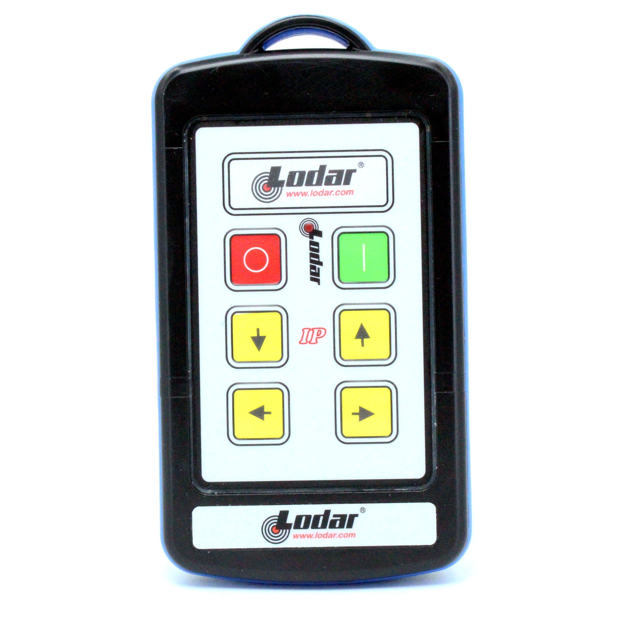 Lodar 92204TX-3 arrows handset front view showing red stop green on and yellow up down left right arrow buttons
