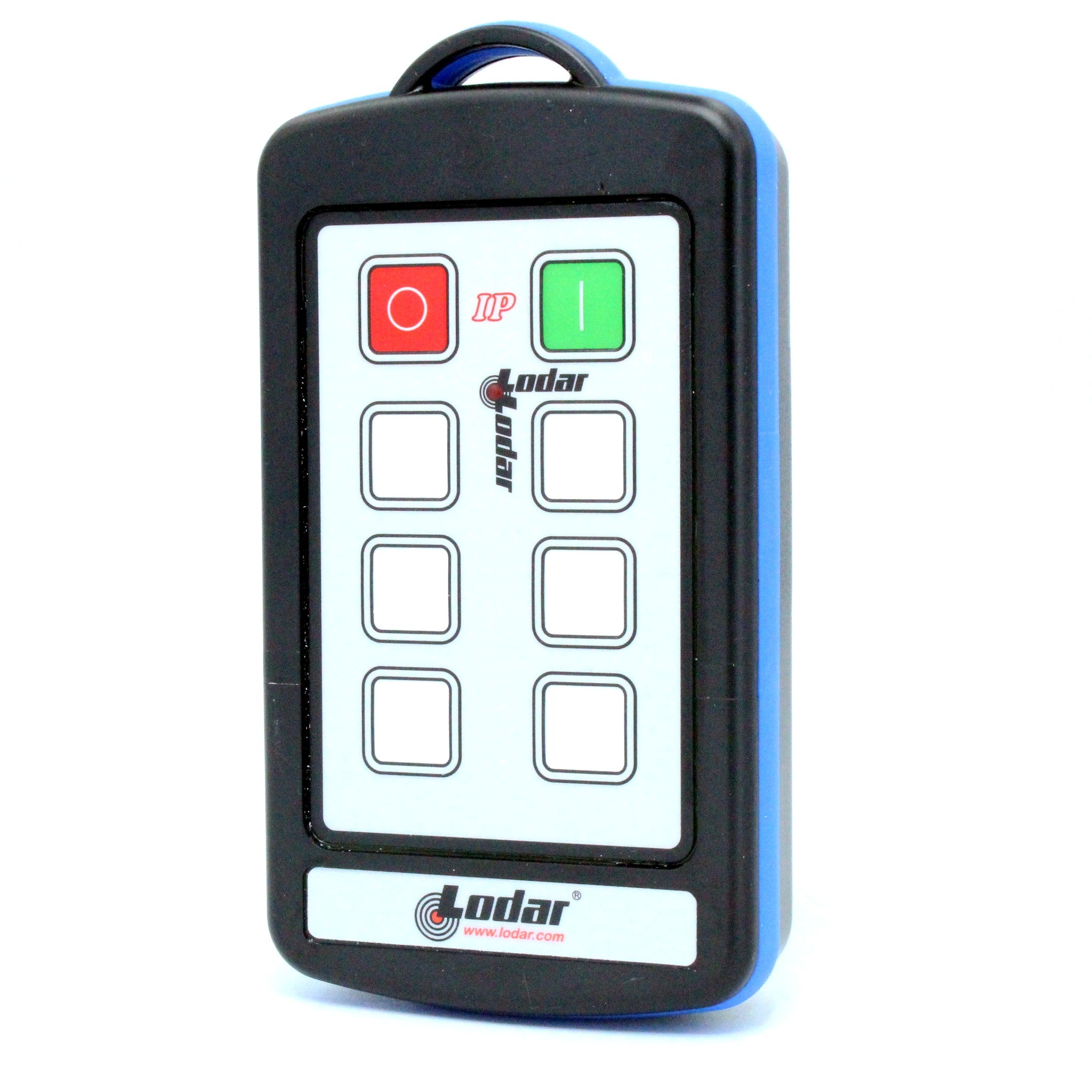 Lodar 92206TX-3 6 function IP replacement handset with plain blank button inserts angled view showing black housing with blue seal