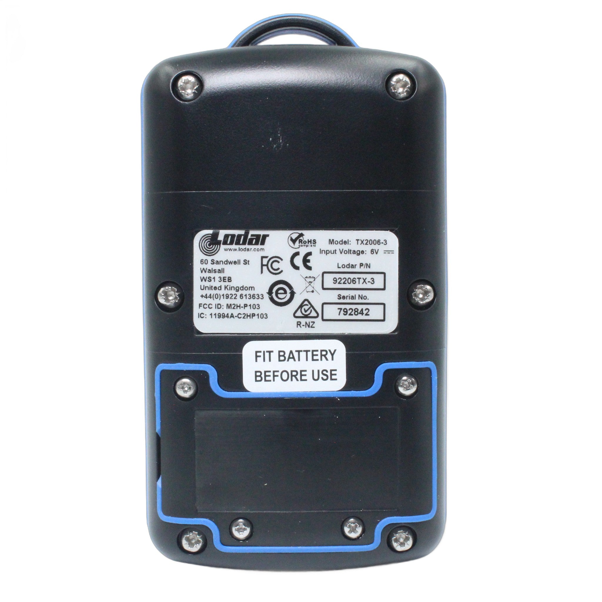 Lodar 92206TX-3 handset rear view showing specification label