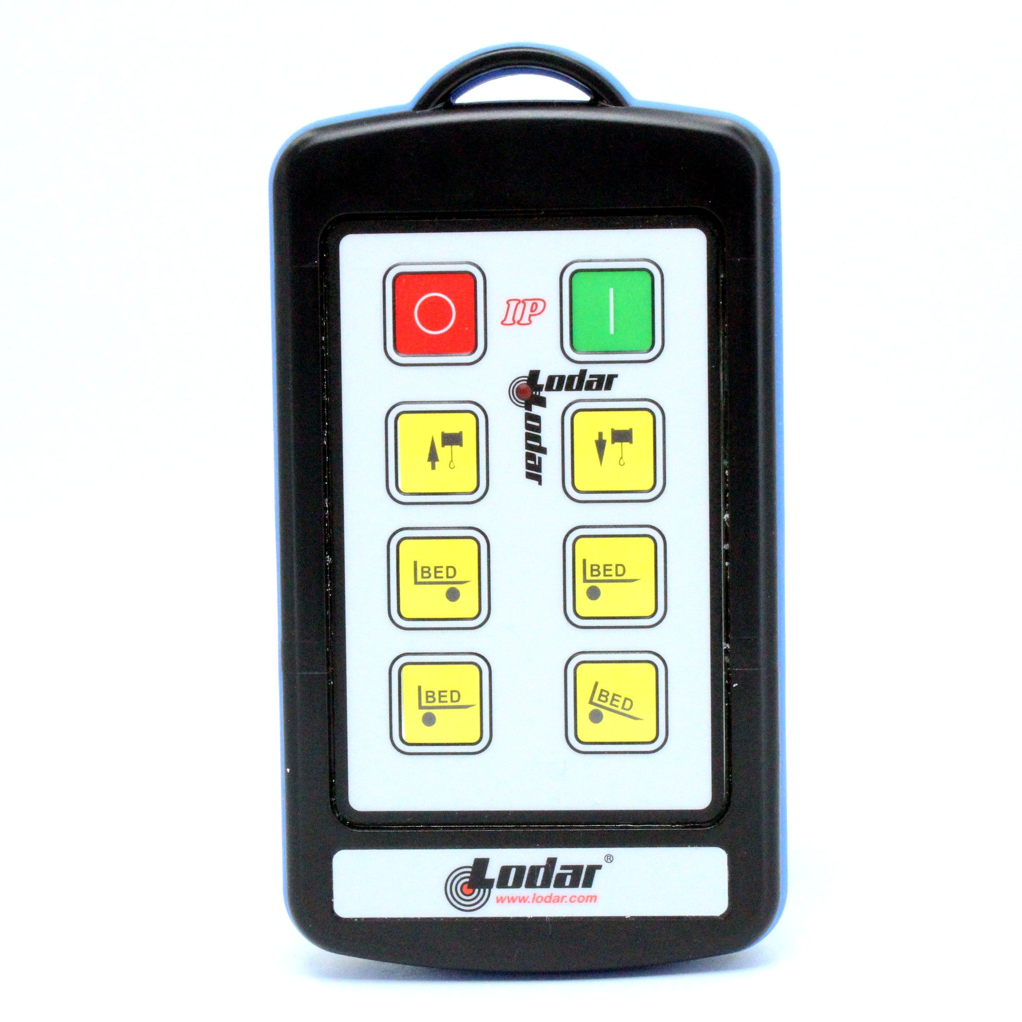 Lodar 92206TX-3 winch layout handset front view showing red stop green on and yellow winch bed button inserts