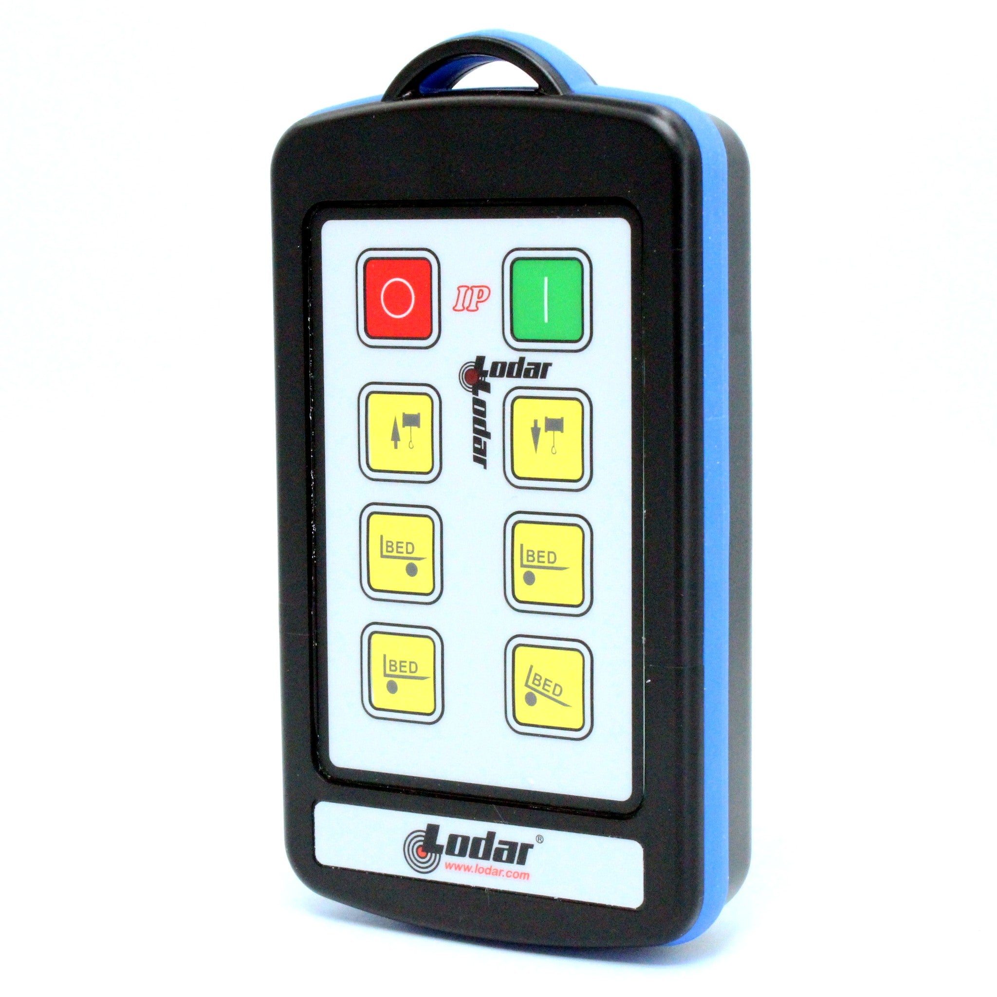 Lodar 92206TX-3 6 function IP replacement handset with winch and bed button inserts showing yellow winch in out and BED function symbols