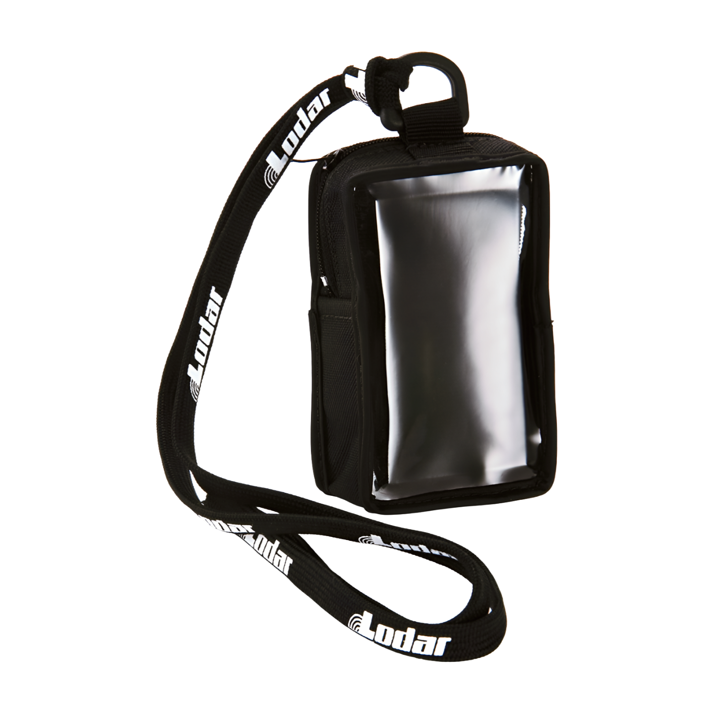 Lodar AC9804 black fabric zippered carry case with clear window and Lodar branded lanyard for standard handsets