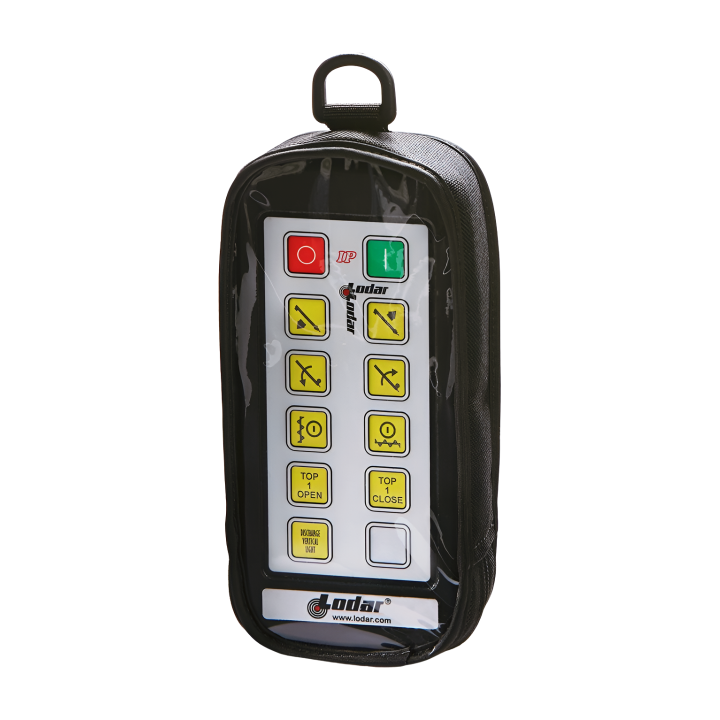 Lodar AC9806 black fabric zippered carry case showing Lodar 10-function IP handset through clear window with Lodar strap
