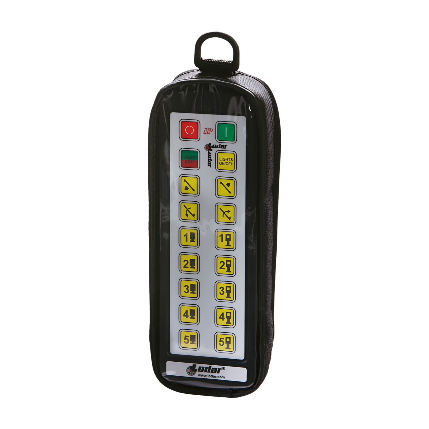 Lodar AC9807 black fabric zippered carry case showing Lodar 16-function IP handset through clear window