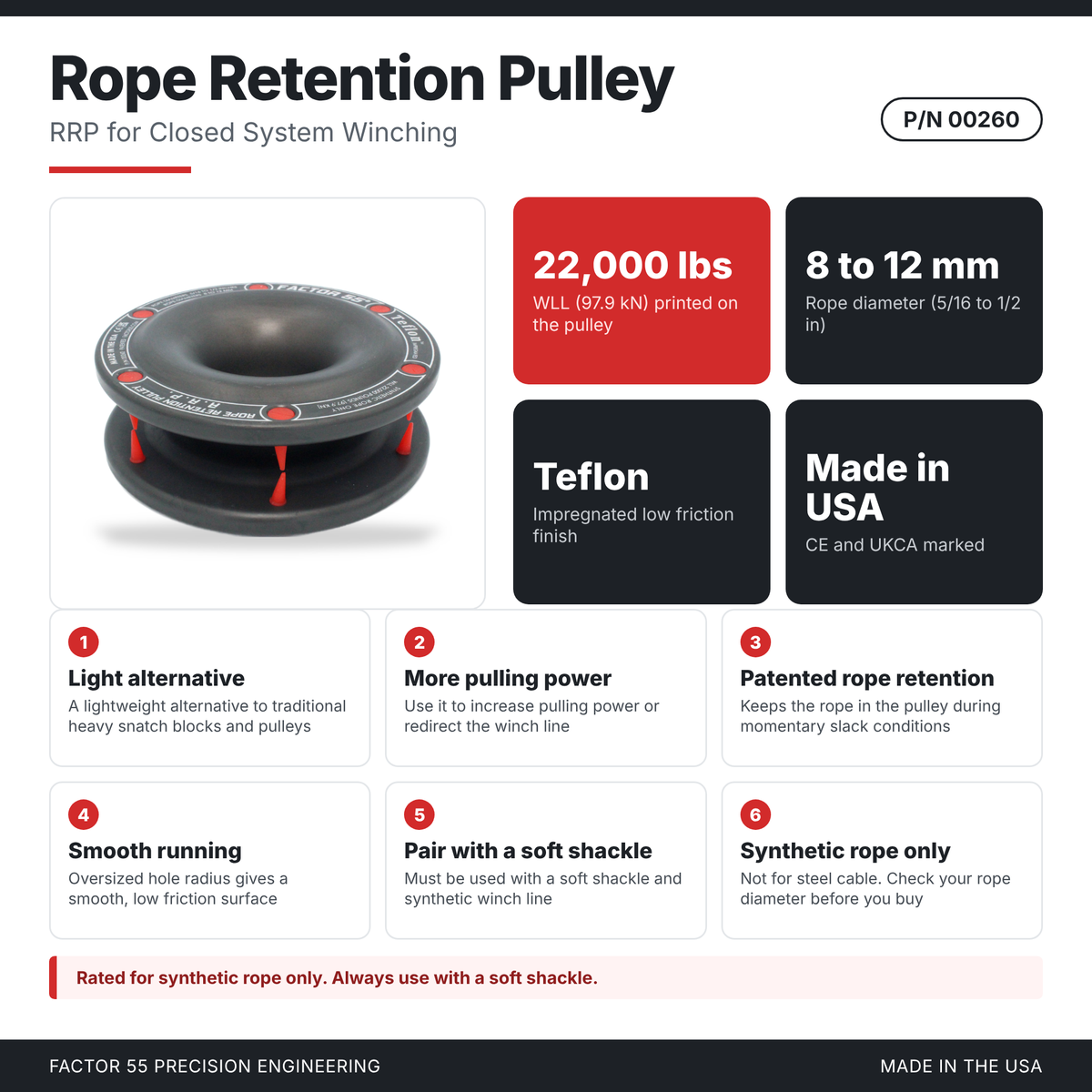 Factor 55 Rope Retention Pulley (RRP) – Synthetic Rope Winch Ring 22,000 lbs